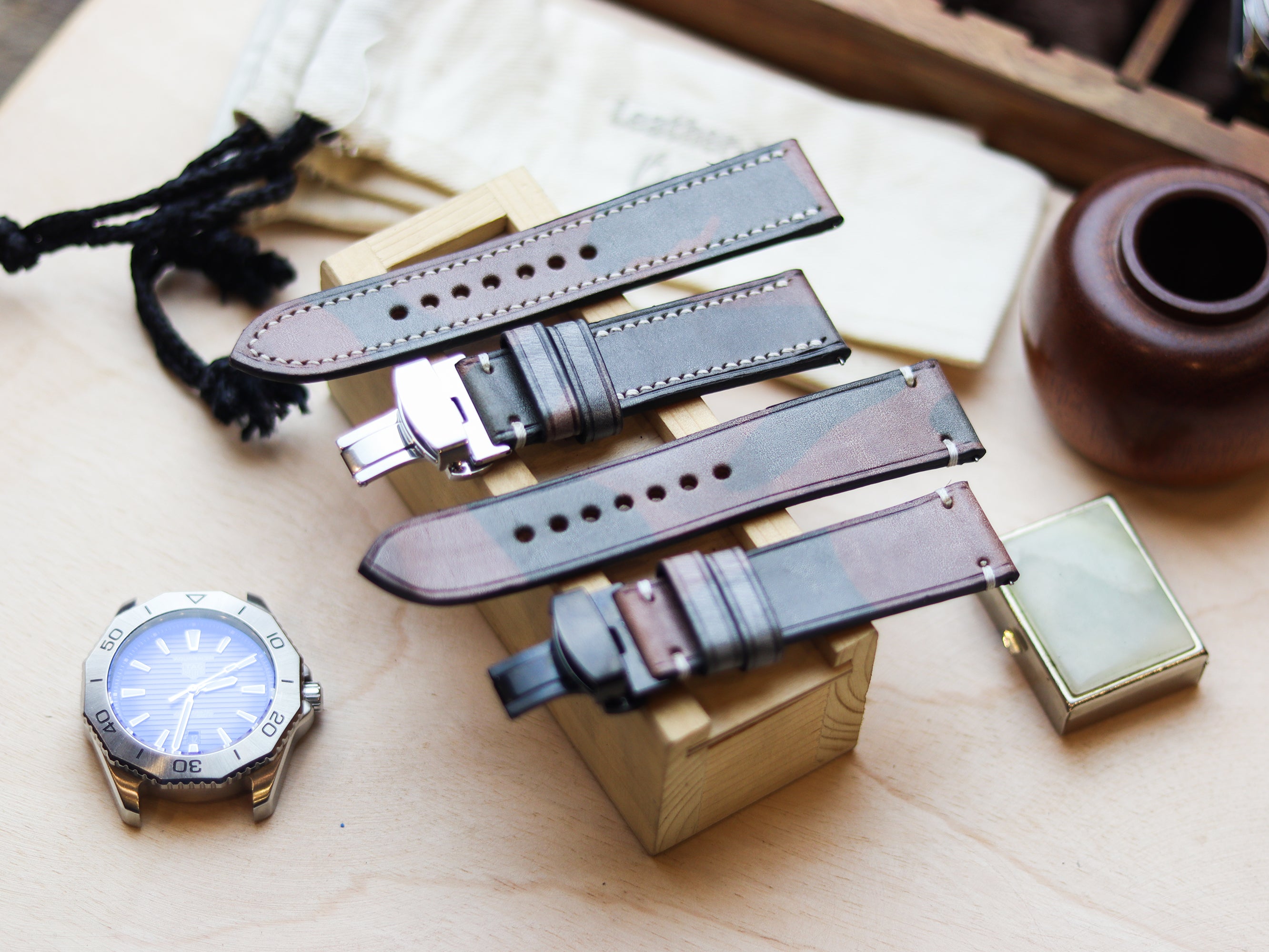 ITALIAN WAXED CAMOUFLAGE HAND-CRAFTED STRAPS FULL STITCHED - COFFEE BROWN