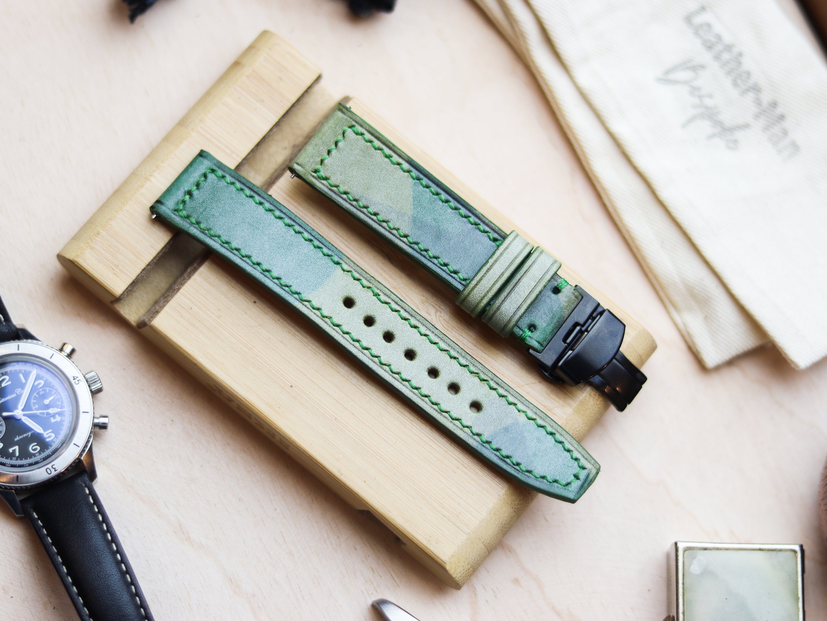 ITALIAN WAXED CAMOUFLAGE HAND-CRAFTED STRAPS BOX STITCHED - LIME GREEN