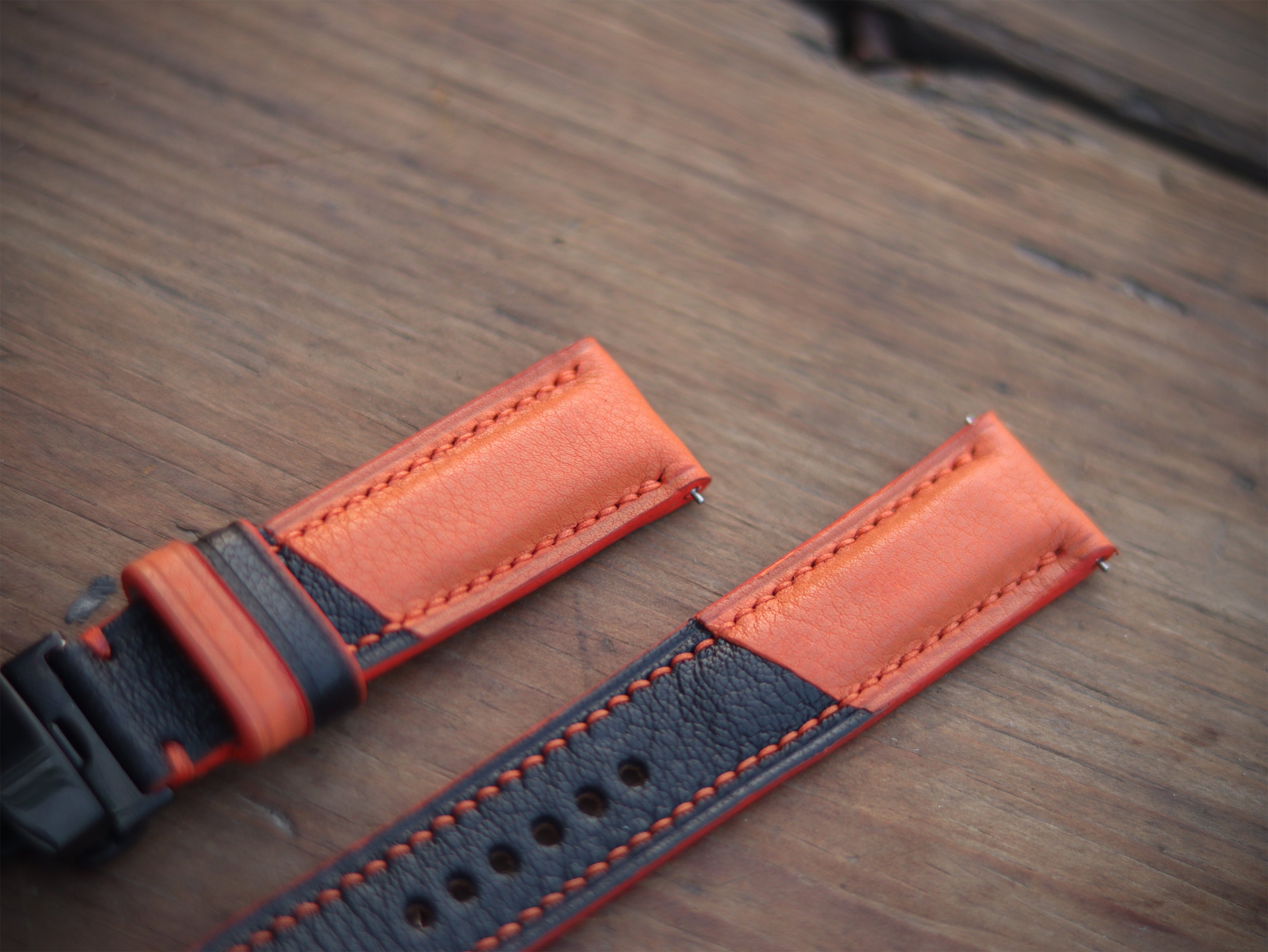 TANGERINE ORANGE & BLACK ITALIAN CHEVRE LEATHER WATCH STRAPS - PADDED