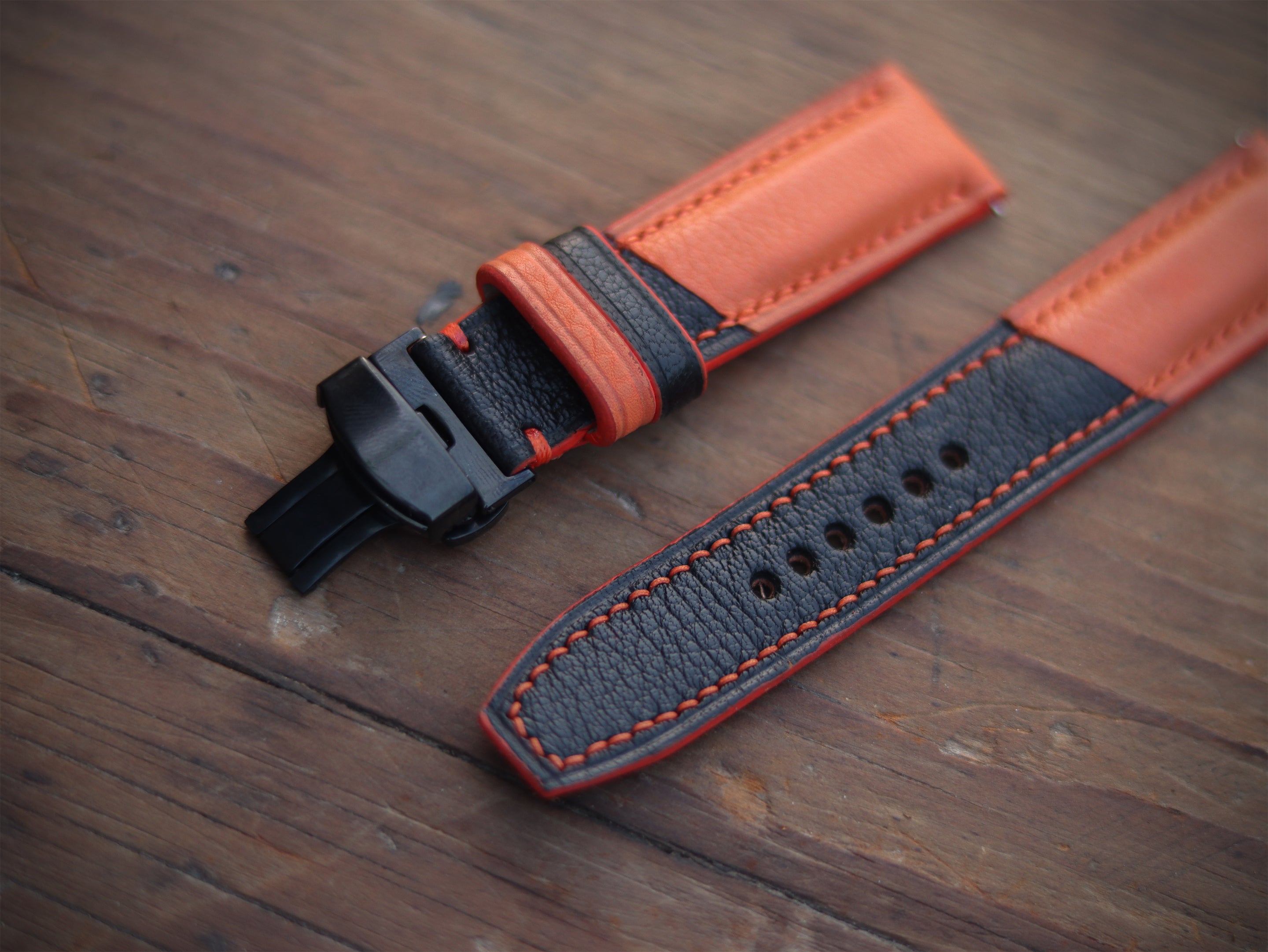TANGERINE ORANGE & BLACK ITALIAN CHEVRE LEATHER WATCH STRAPS - PADDED