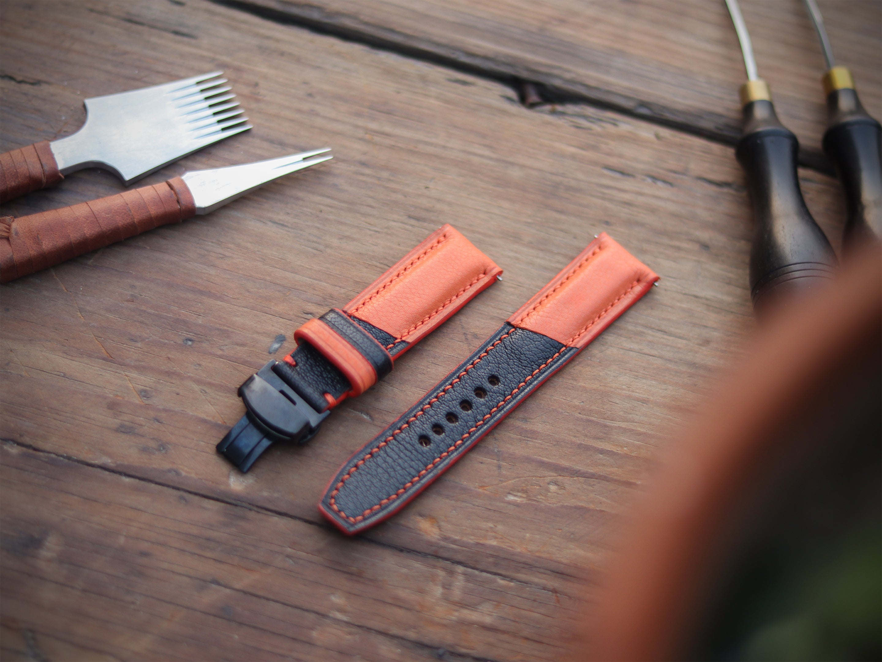 TANGERINE ORANGE & BLACK ITALIAN CHEVRE LEATHER WATCH STRAPS - PADDED