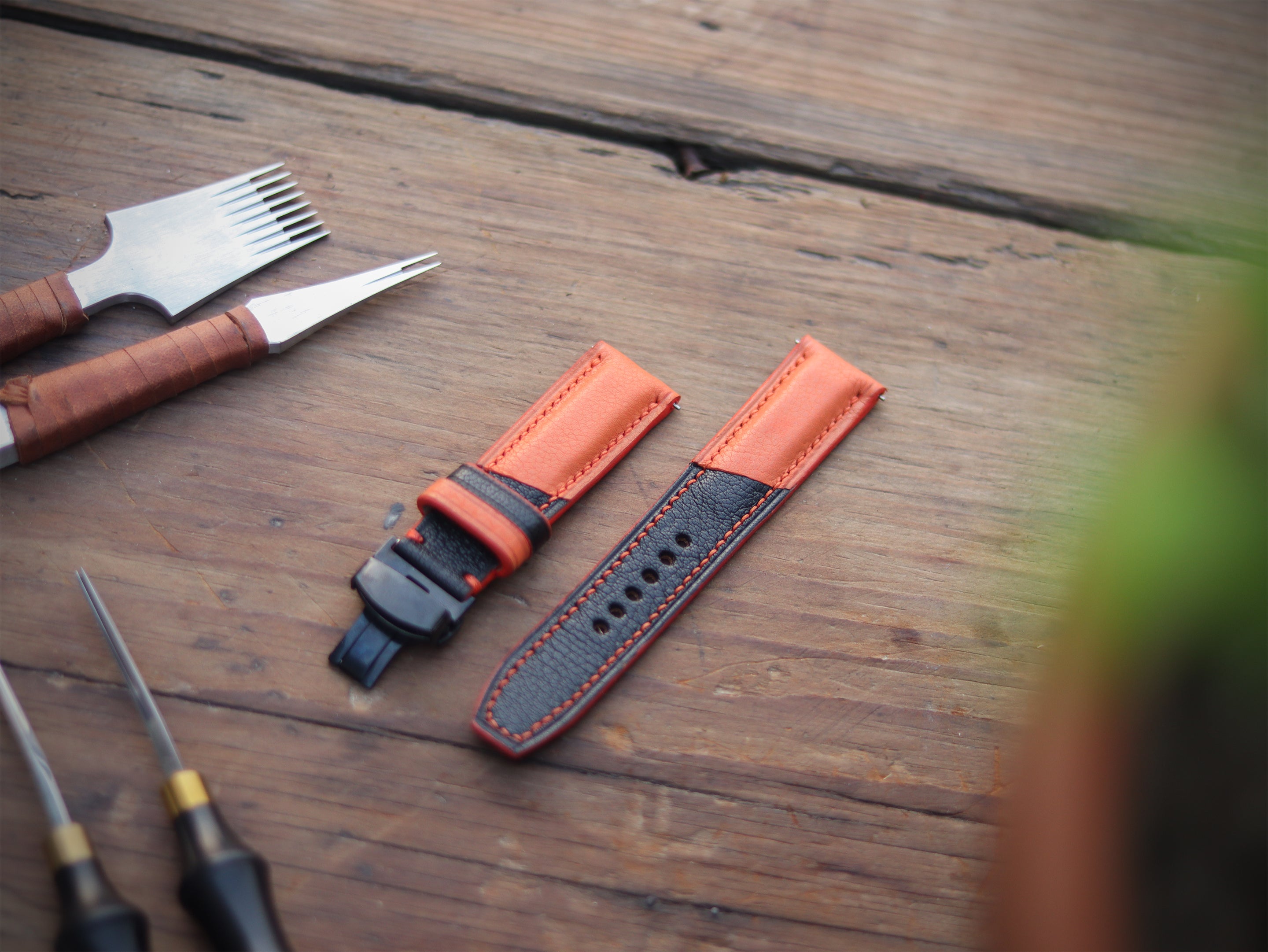 TANGERINE ORANGE & BLACK ITALIAN CHEVRE LEATHER WATCH STRAPS - PADDED