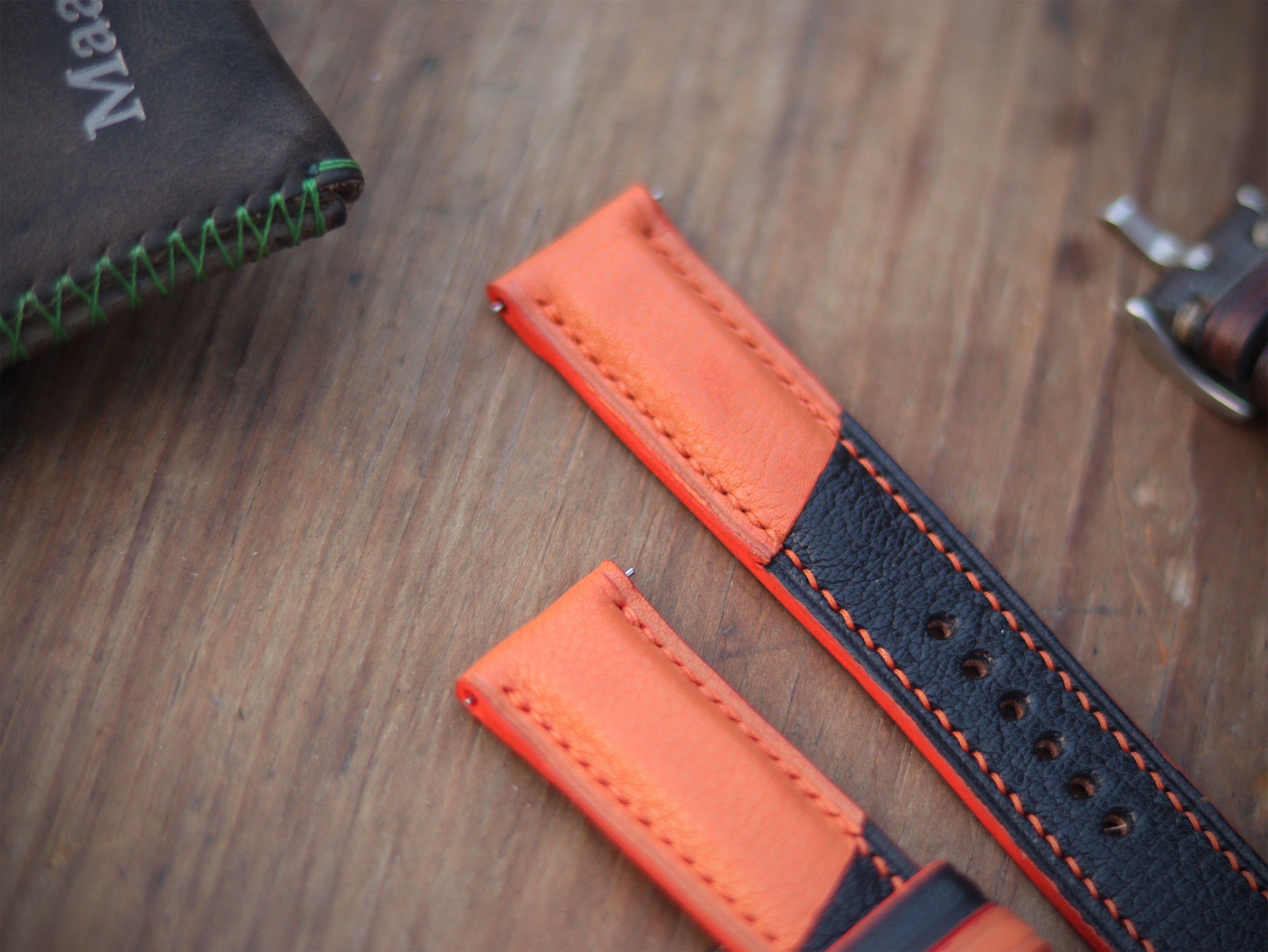 TANGERINE ORANGE & BLACK ITALIAN CHEVRE LEATHER WATCH STRAPS - PADDED