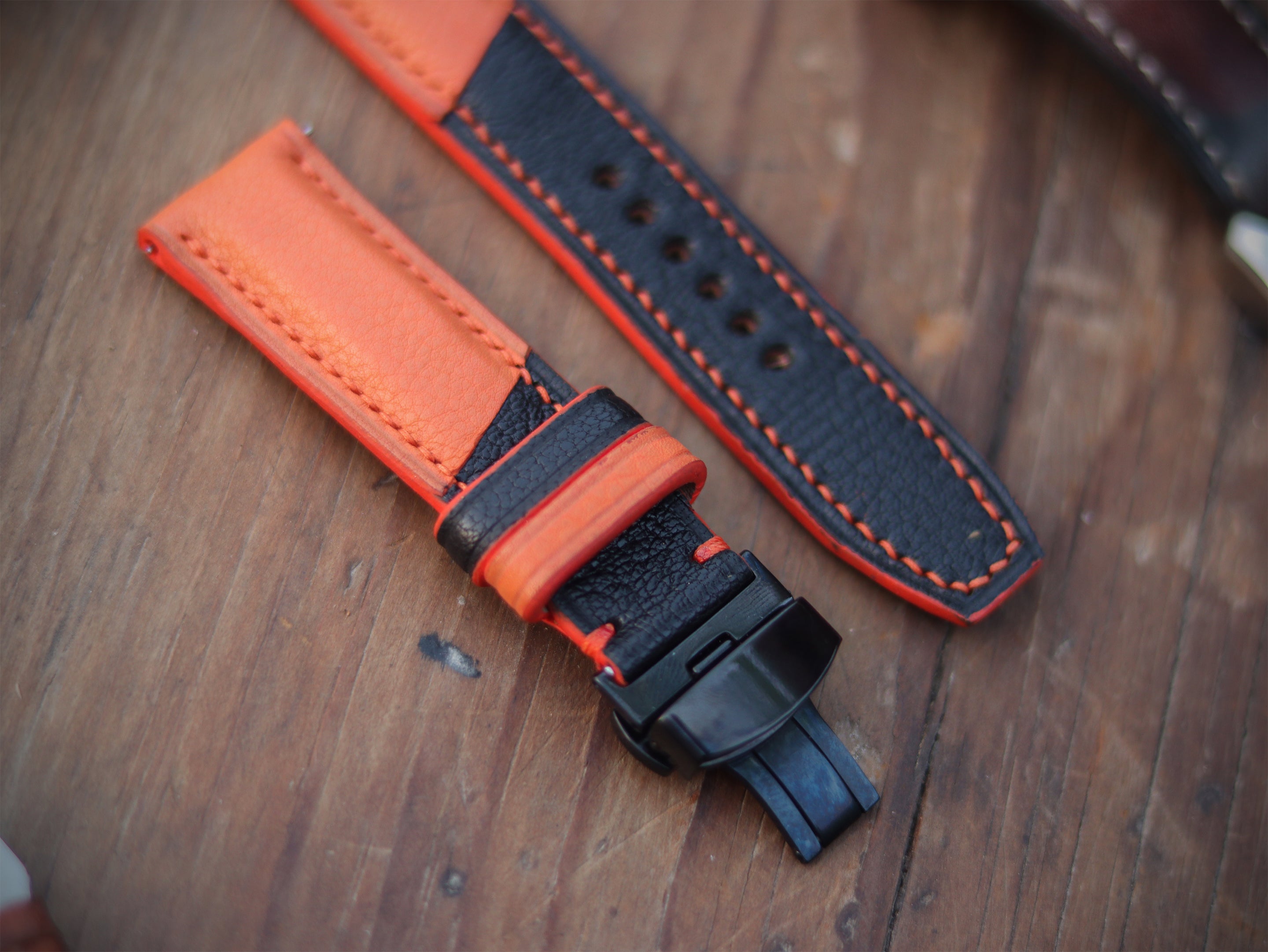 TANGERINE ORANGE & BLACK ITALIAN CHEVRE LEATHER WATCH STRAPS - PADDED