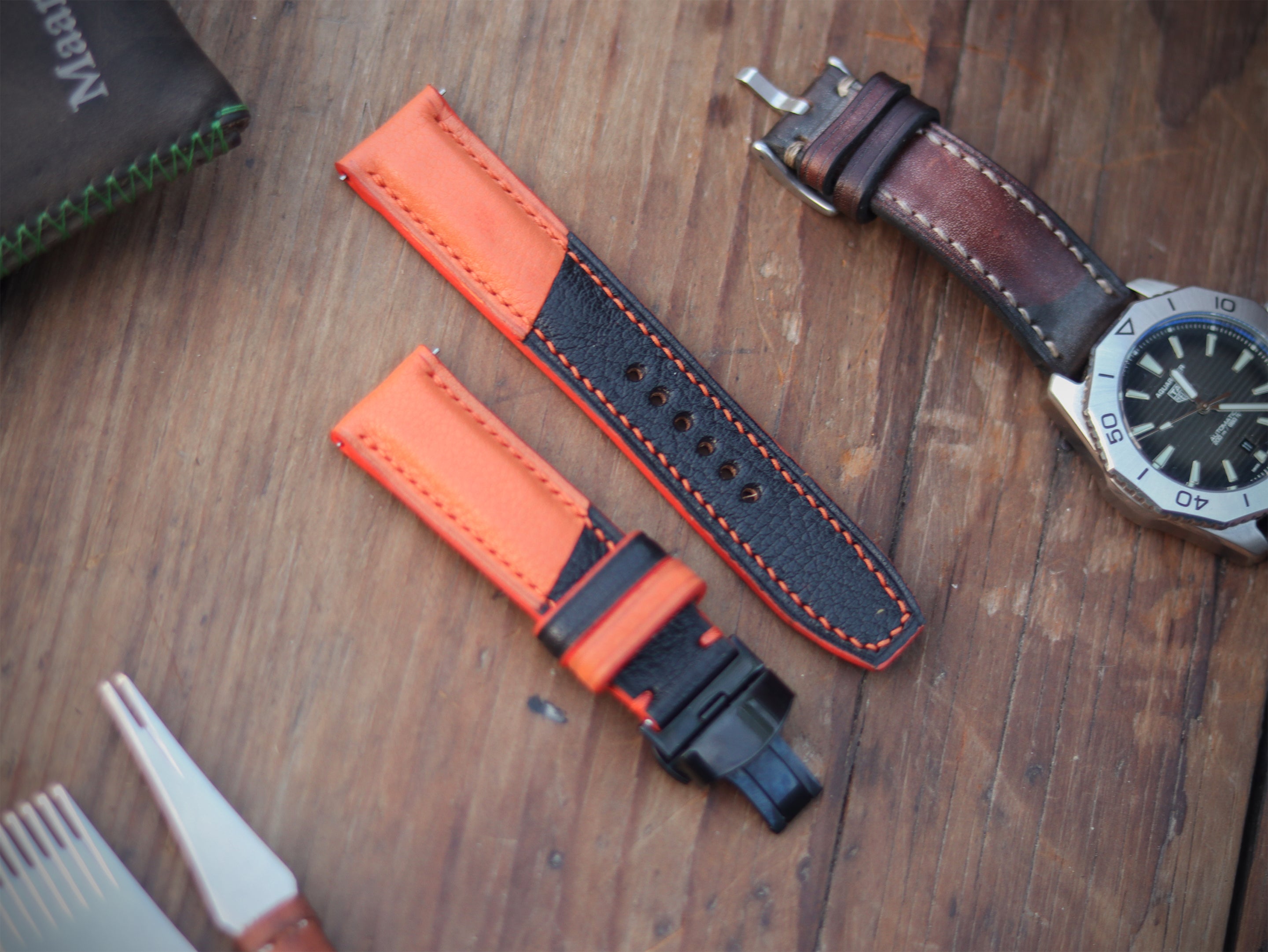 TANGERINE ORANGE & BLACK ITALIAN CHEVRE LEATHER WATCH STRAPS - PADDED