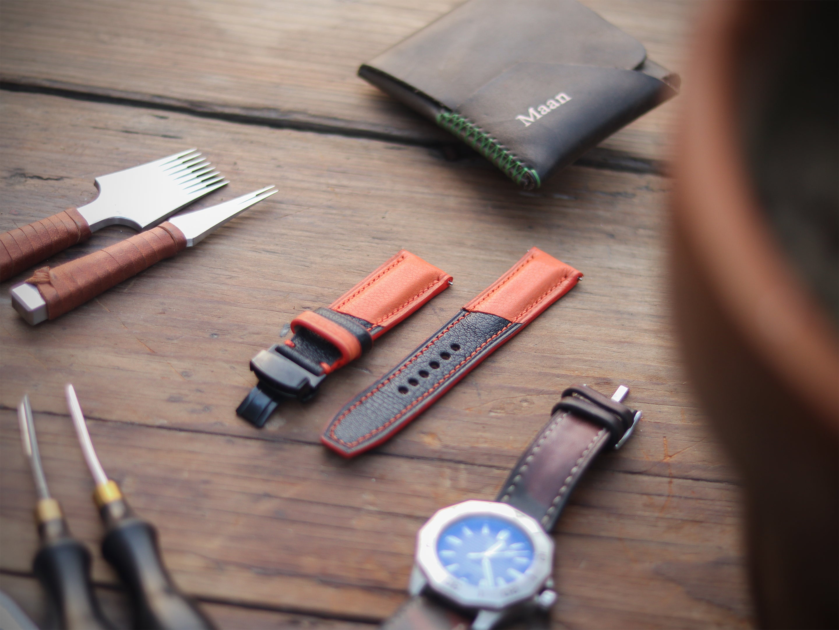 TANGERINE ORANGE & BLACK ITALIAN CHEVRE LEATHER WATCH STRAPS - PADDED