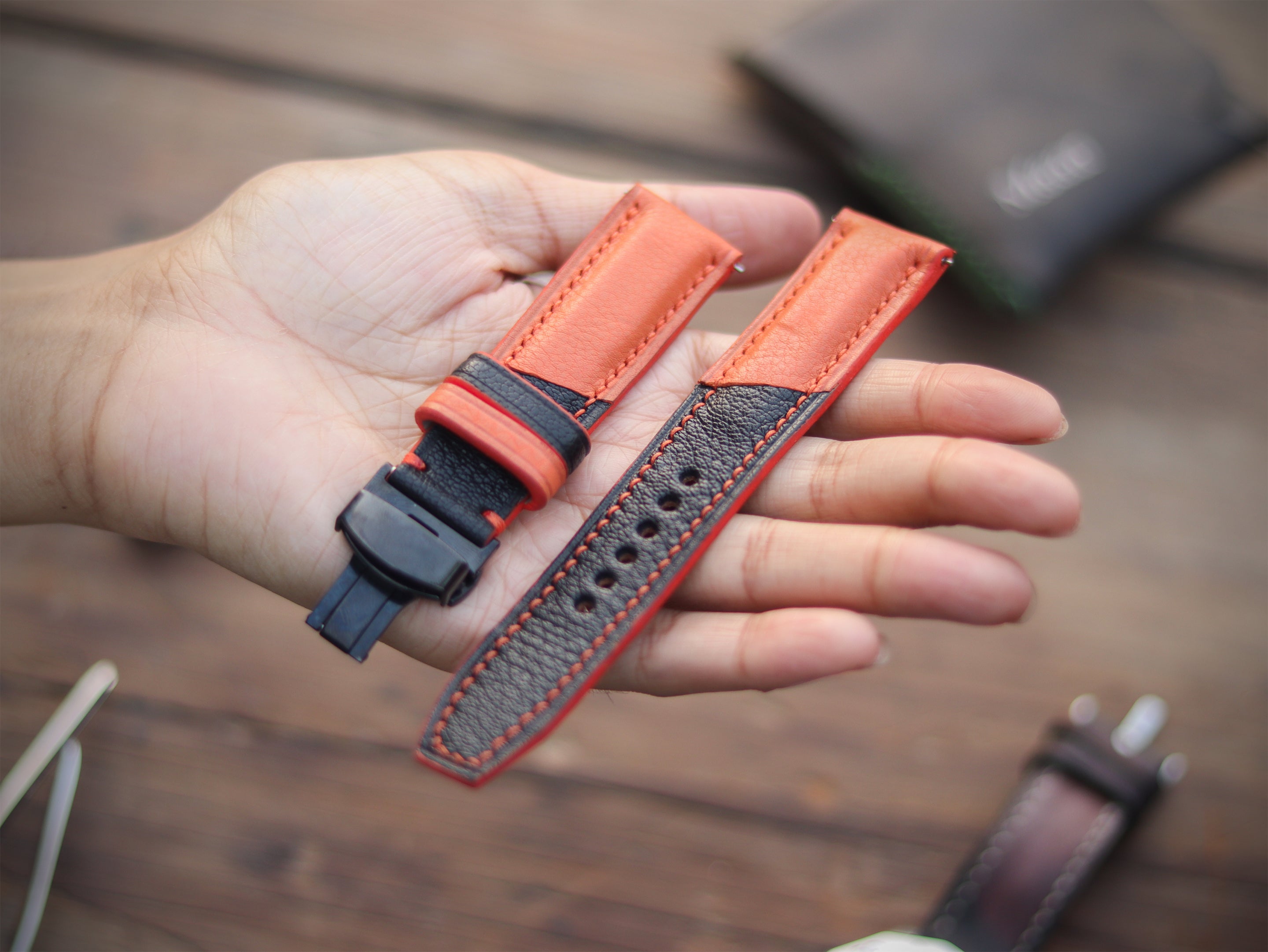 TANGERINE ORANGE & BLACK ITALIAN CHEVRE LEATHER WATCH STRAPS - PADDED
