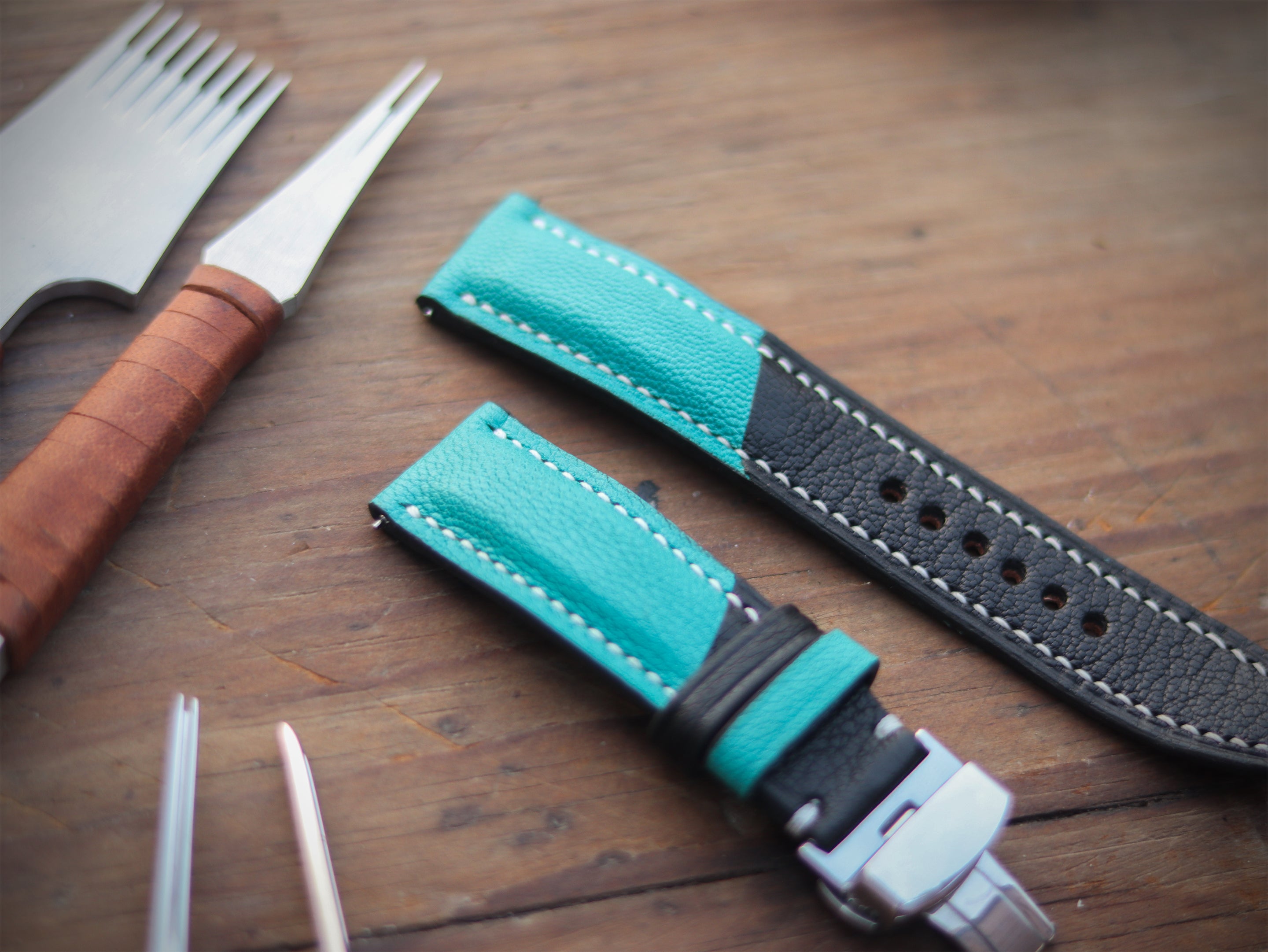 CYAN BLUE & BLACK ITALIAN CHEVRE LEATHER WATCH STRAPS - PADDED