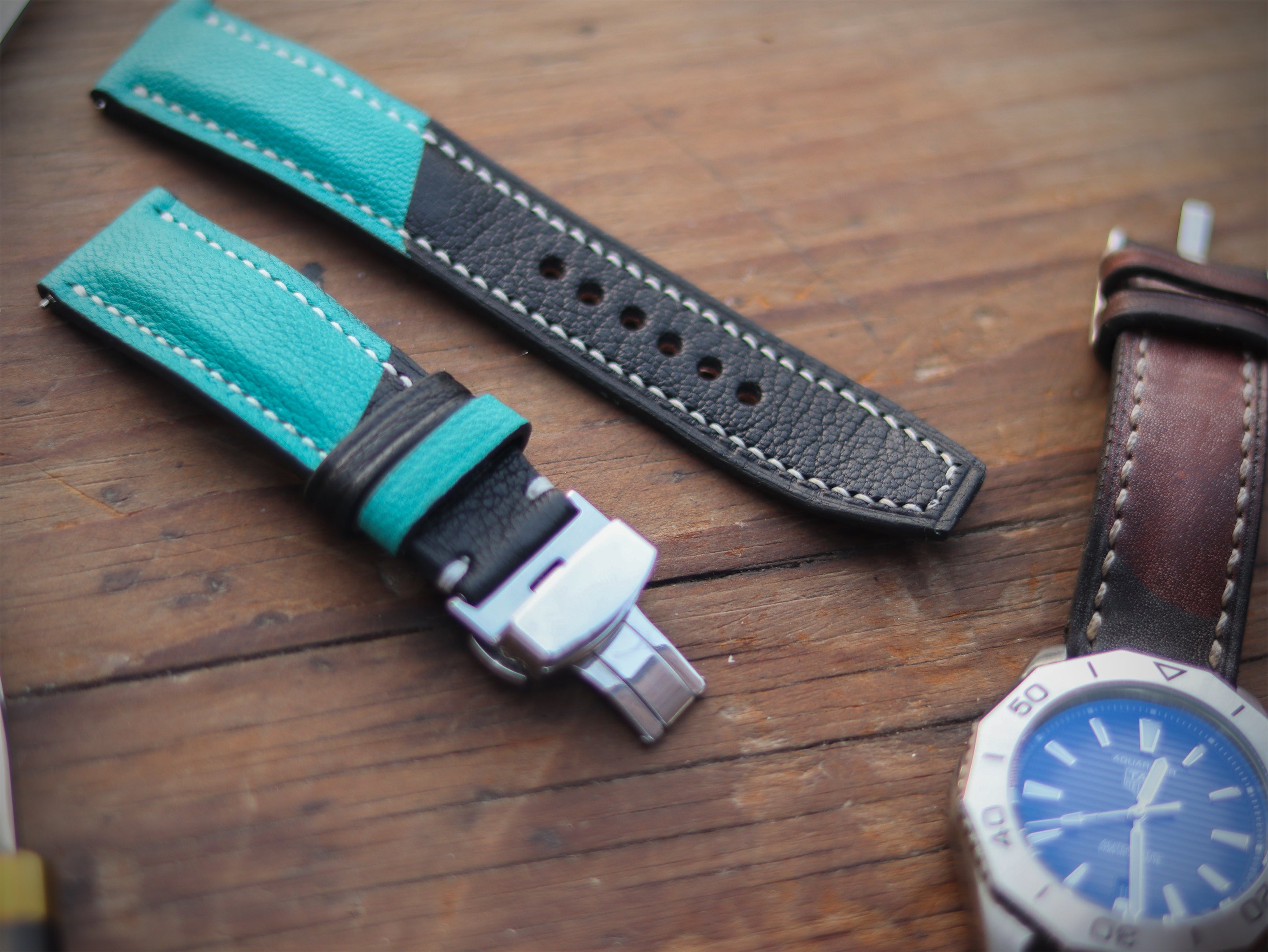 CYAN BLUE & BLACK ITALIAN CHEVRE LEATHER WATCH STRAPS - PADDED