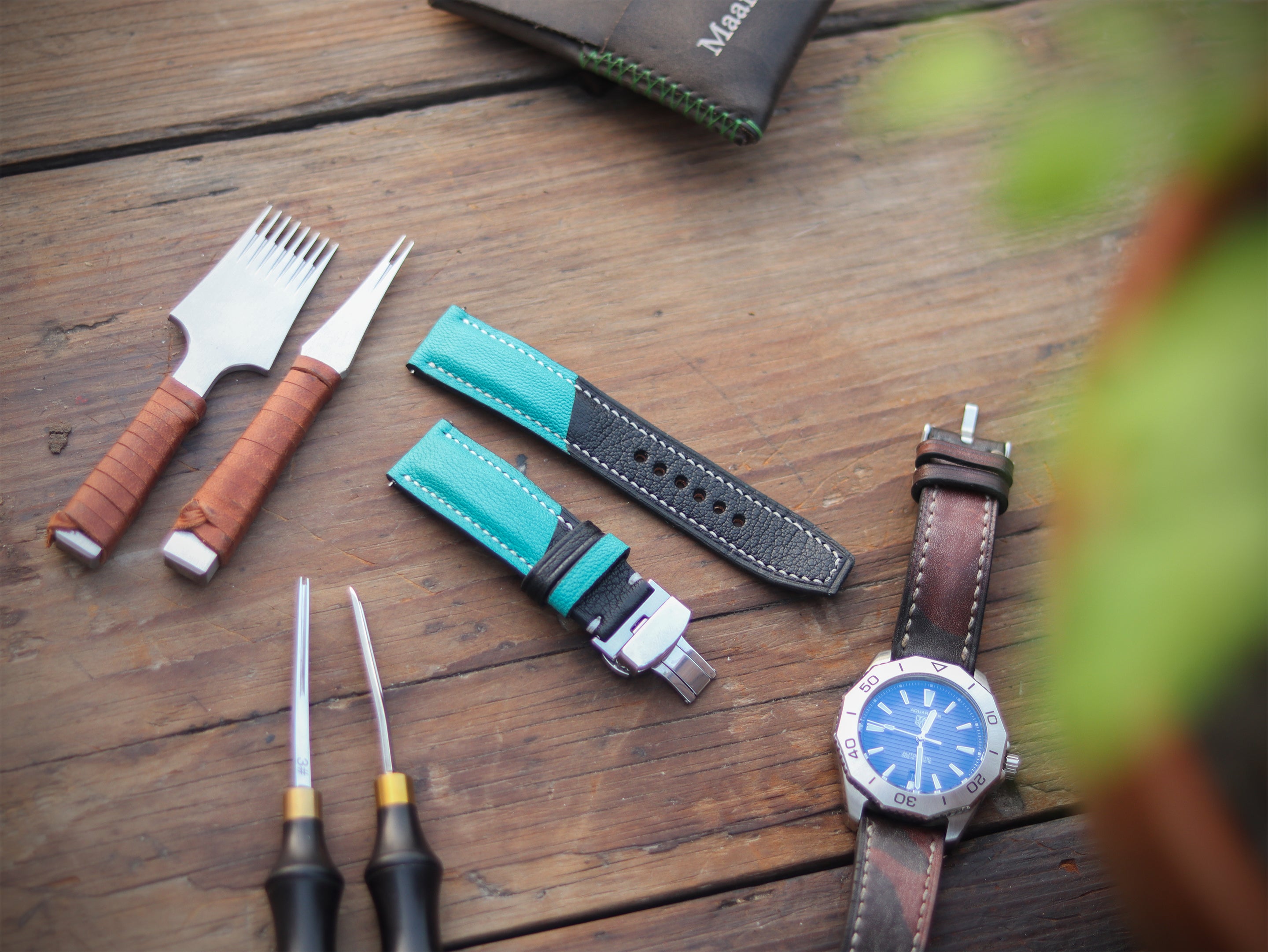 CYAN BLUE & BLACK ITALIAN CHEVRE LEATHER WATCH STRAPS - PADDED