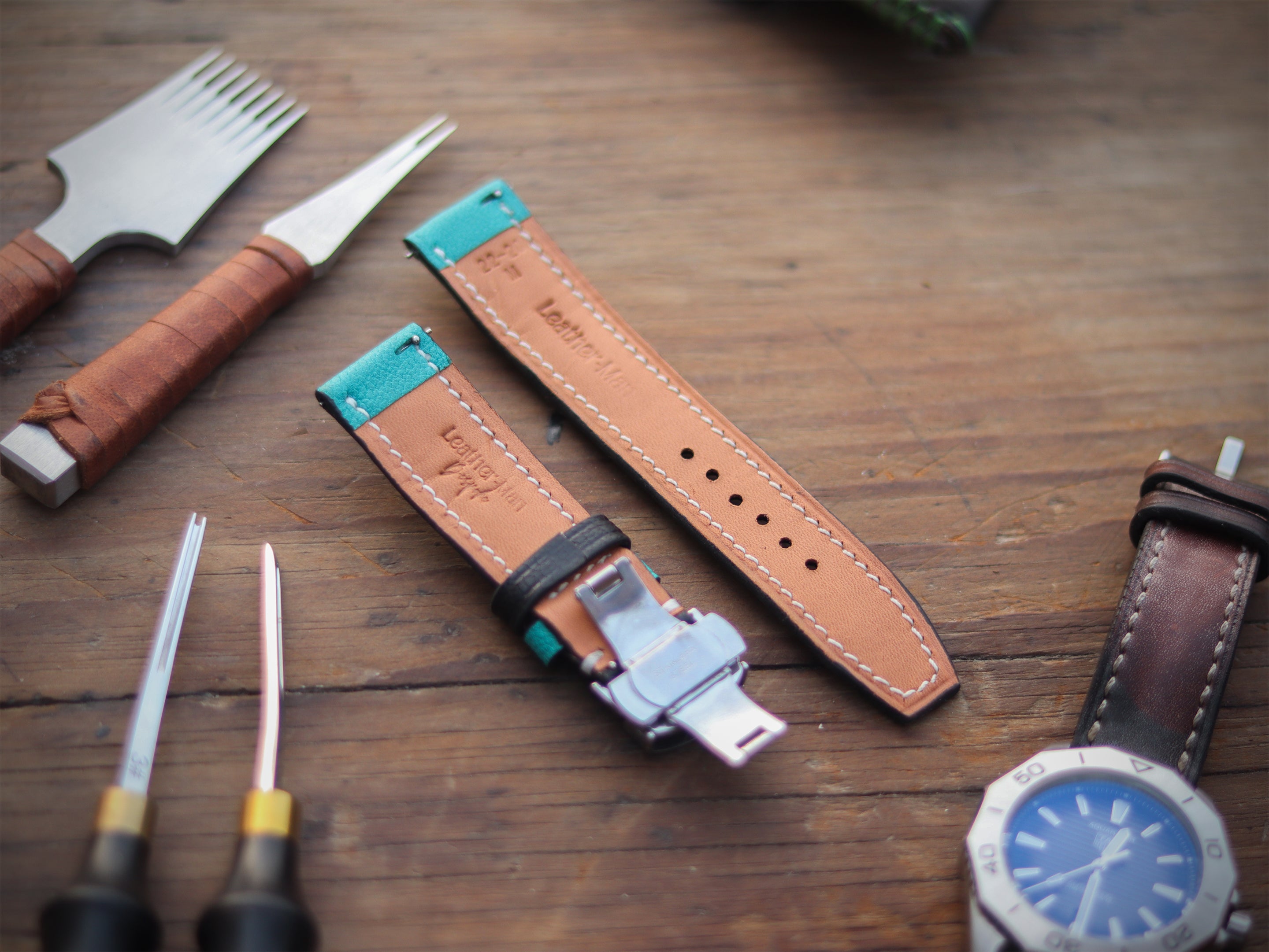 CYAN BLUE & BLACK ITALIAN CHEVRE LEATHER WATCH STRAPS - PADDED