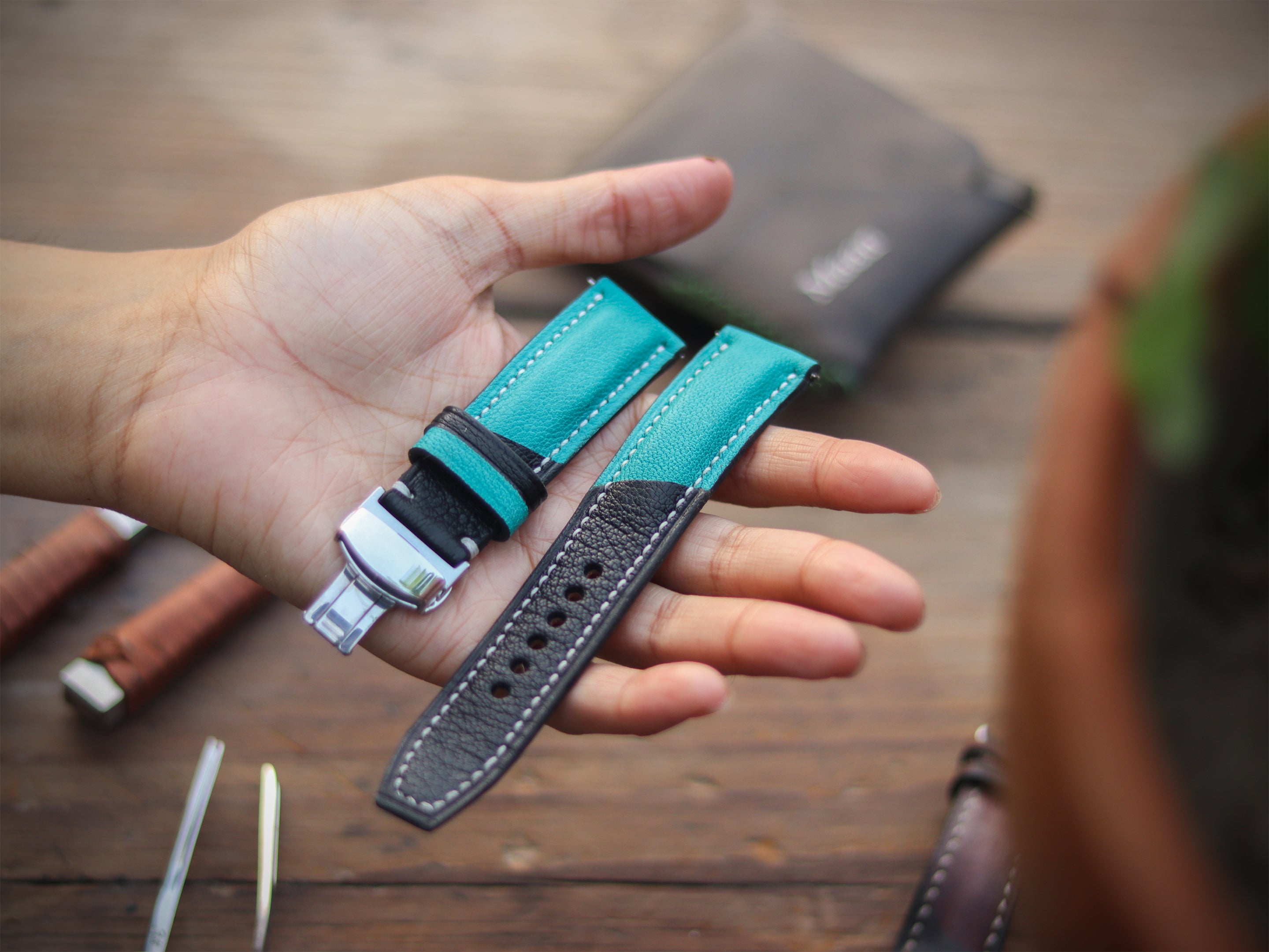 CYAN BLUE & BLACK ITALIAN CHEVRE LEATHER WATCH STRAPS - PADDED