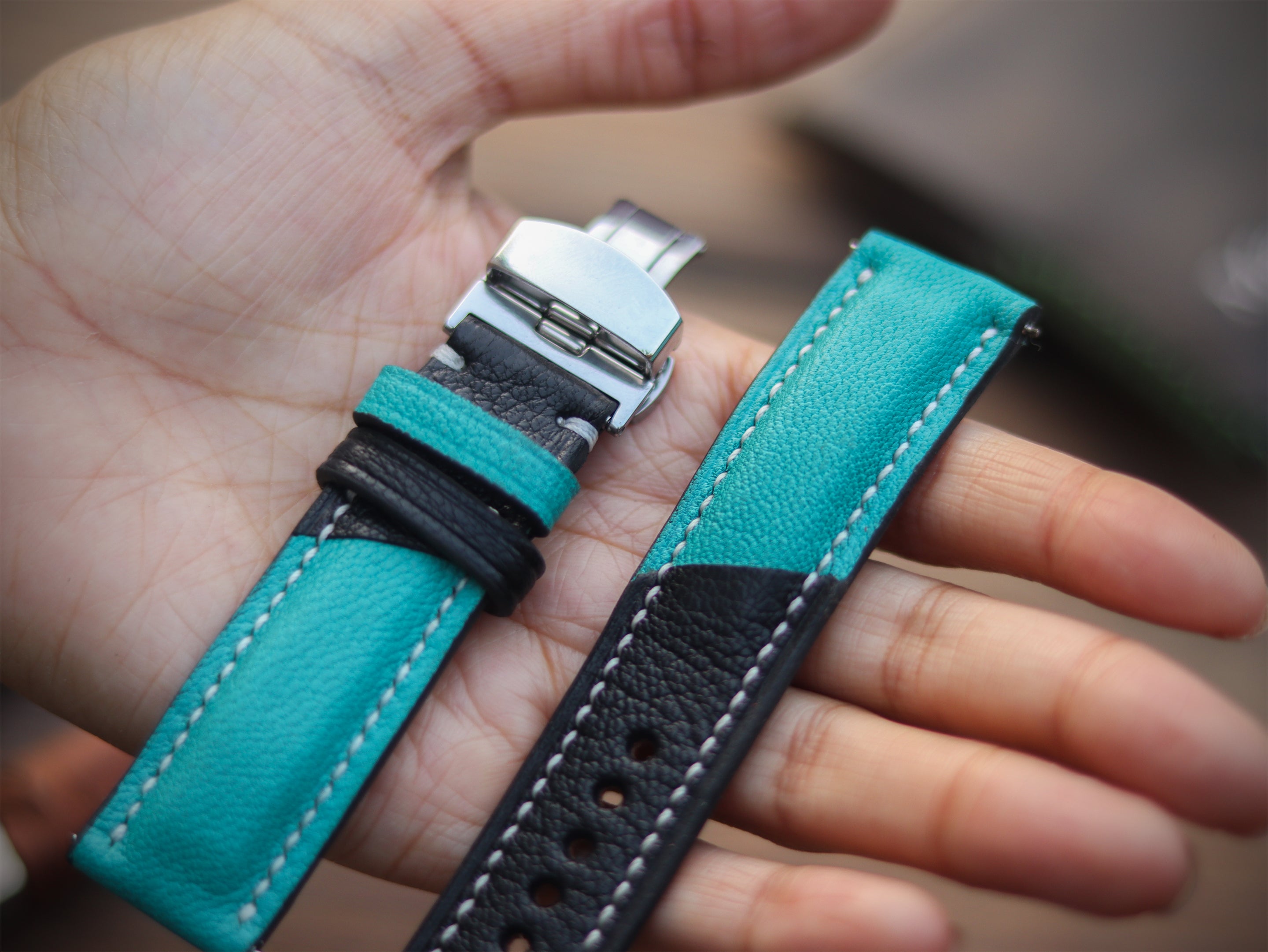 CYAN BLUE & BLACK ITALIAN CHEVRE LEATHER WATCH STRAPS - PADDED
