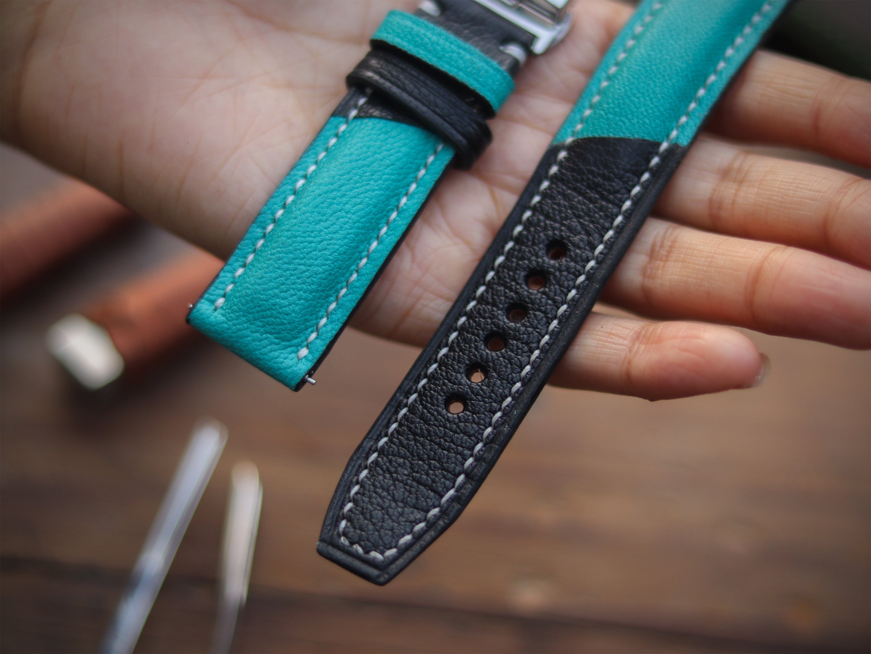 CYAN BLUE & BLACK ITALIAN CHEVRE LEATHER WATCH STRAPS - PADDED