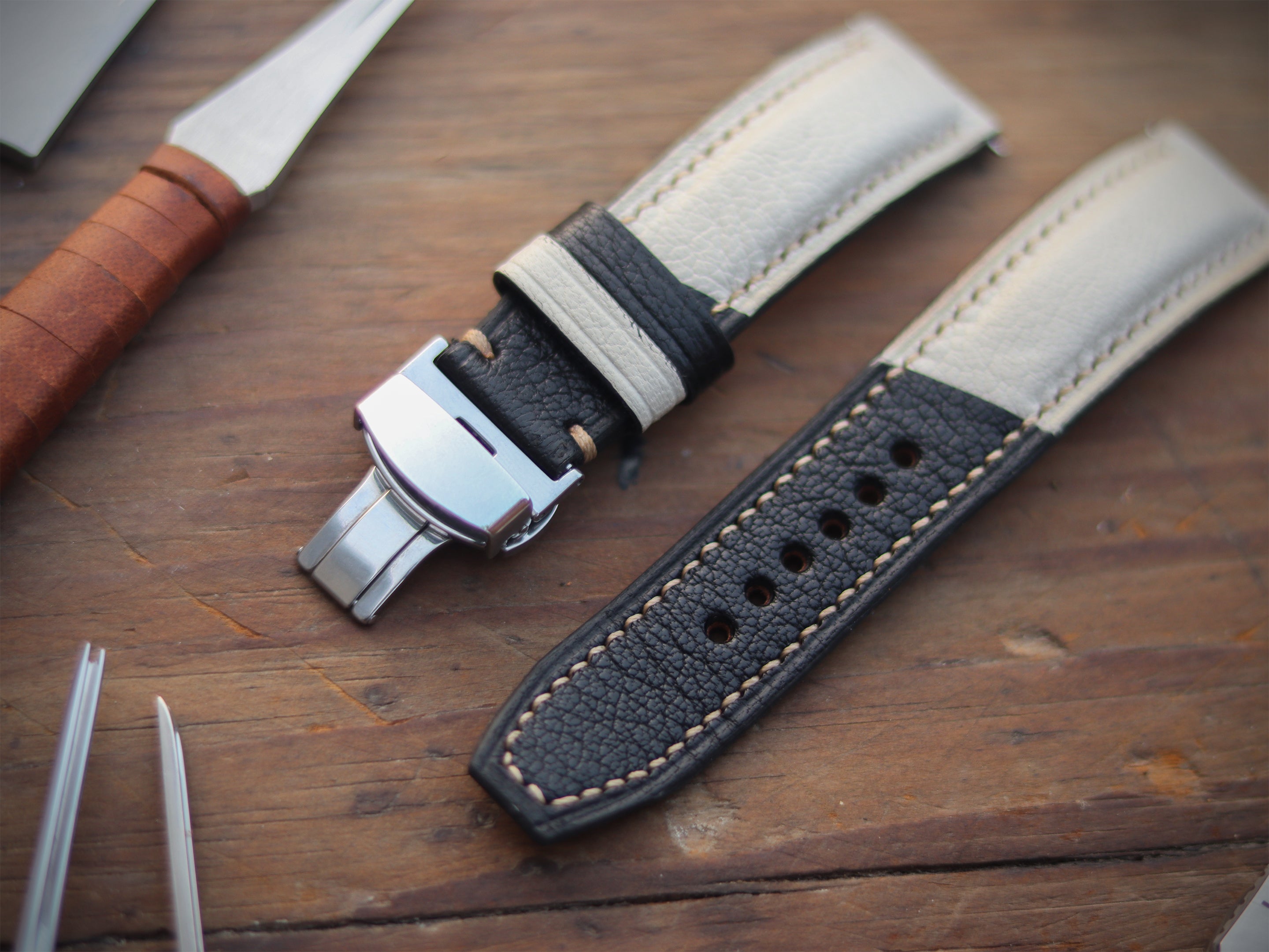 AZURE WHITE & BLACK ITALIAN CHEVRE LEATHER WATCH STRAPS - PADDED