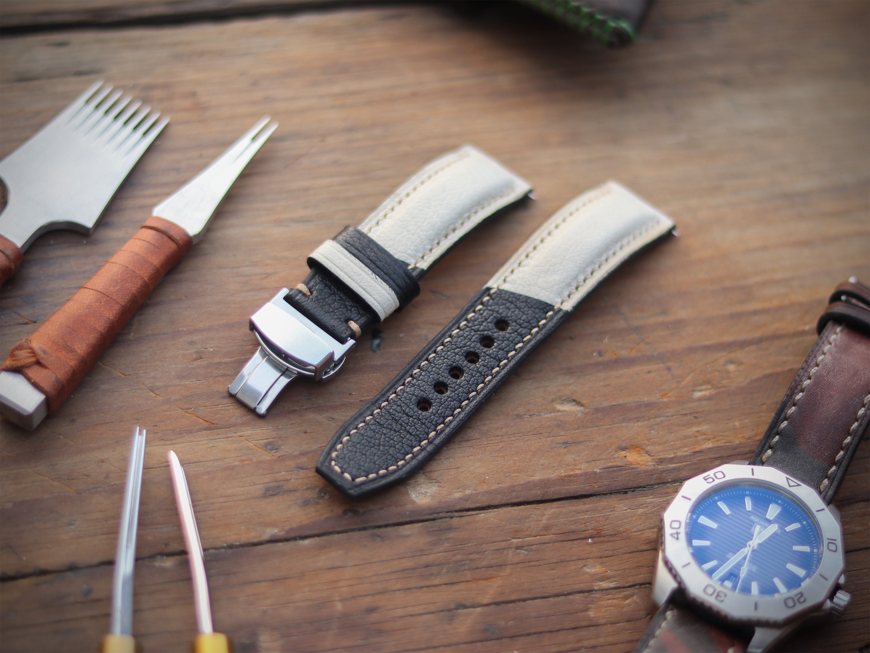 AZURE WHITE & BLACK ITALIAN CHEVRE LEATHER WATCH STRAPS - PADDED