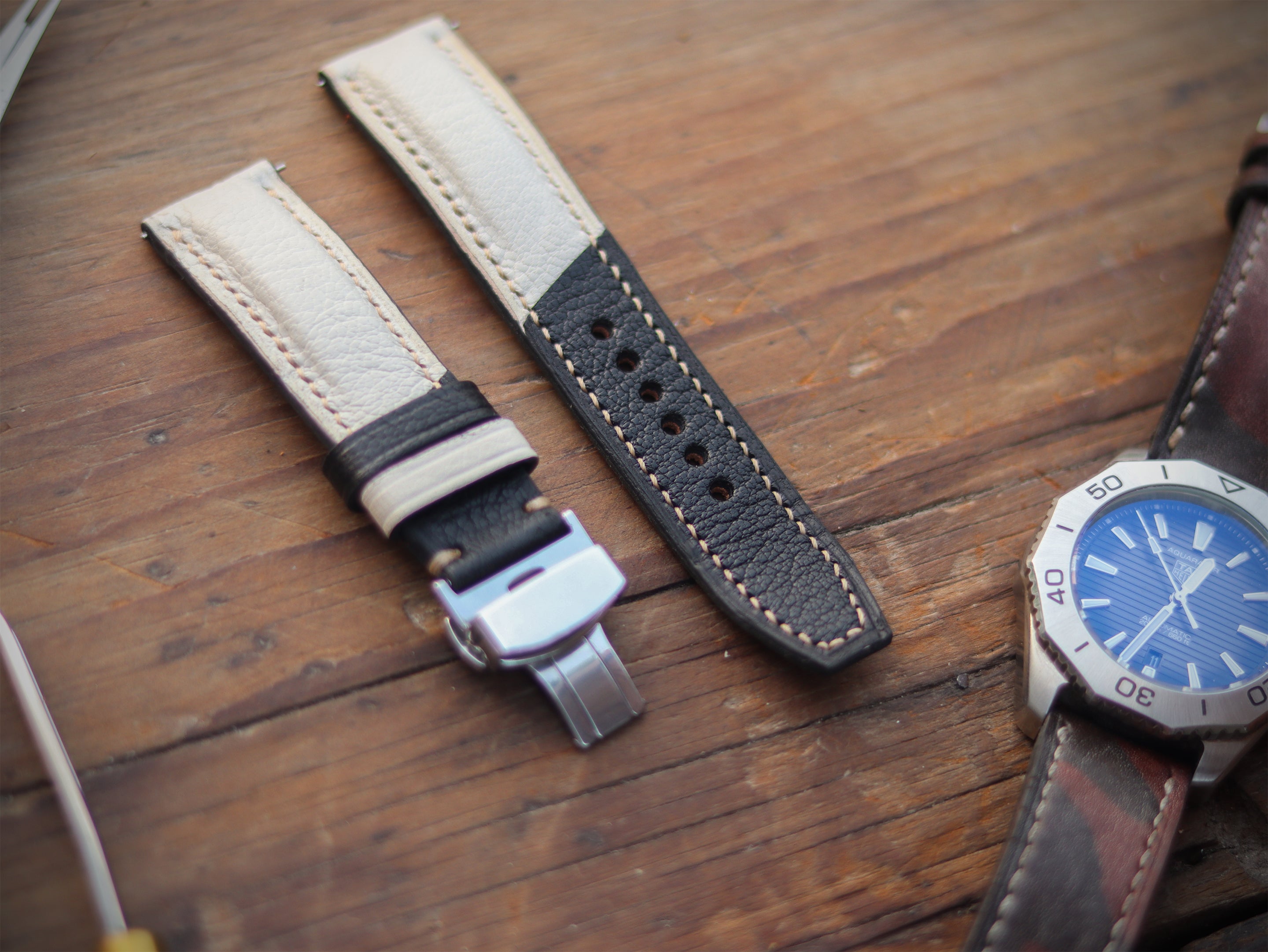 AZURE WHITE & BLACK ITALIAN CHEVRE LEATHER WATCH STRAPS - PADDED