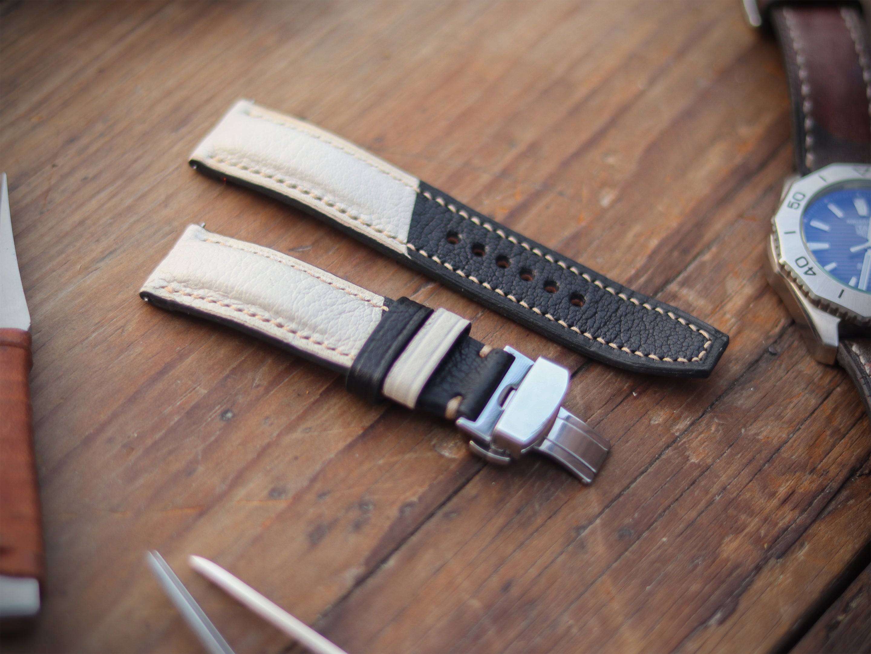 AZURE WHITE & BLACK ITALIAN CHEVRE LEATHER WATCH STRAPS - PADDED