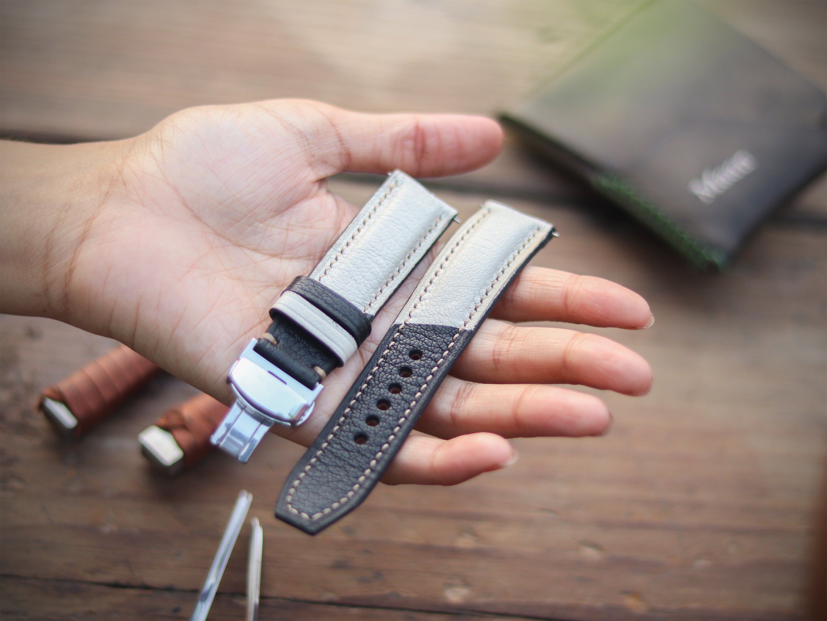AZURE WHITE & BLACK ITALIAN CHEVRE LEATHER WATCH STRAPS - PADDED