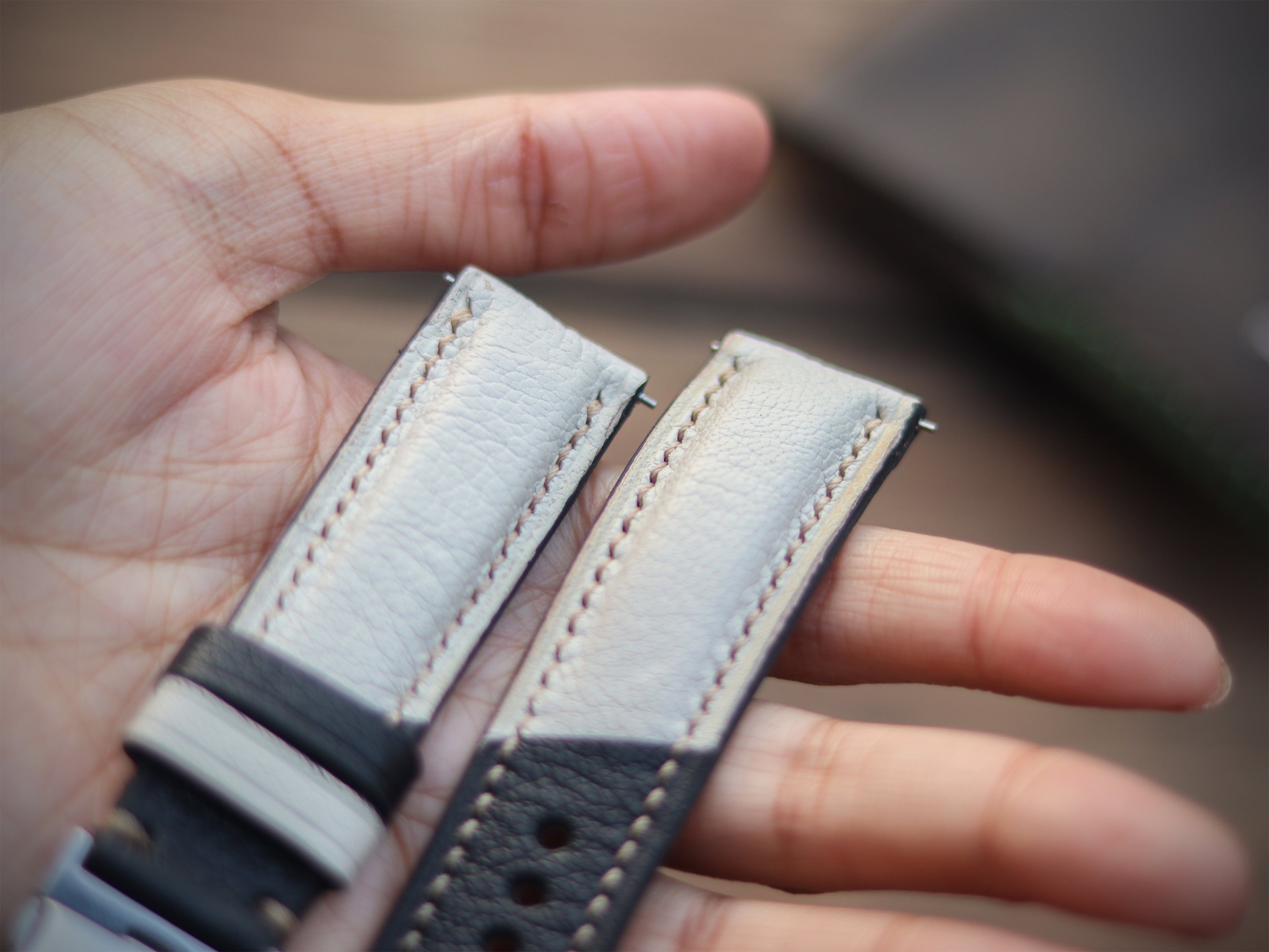 AZURE WHITE & BLACK ITALIAN CHEVRE LEATHER WATCH STRAPS - PADDED