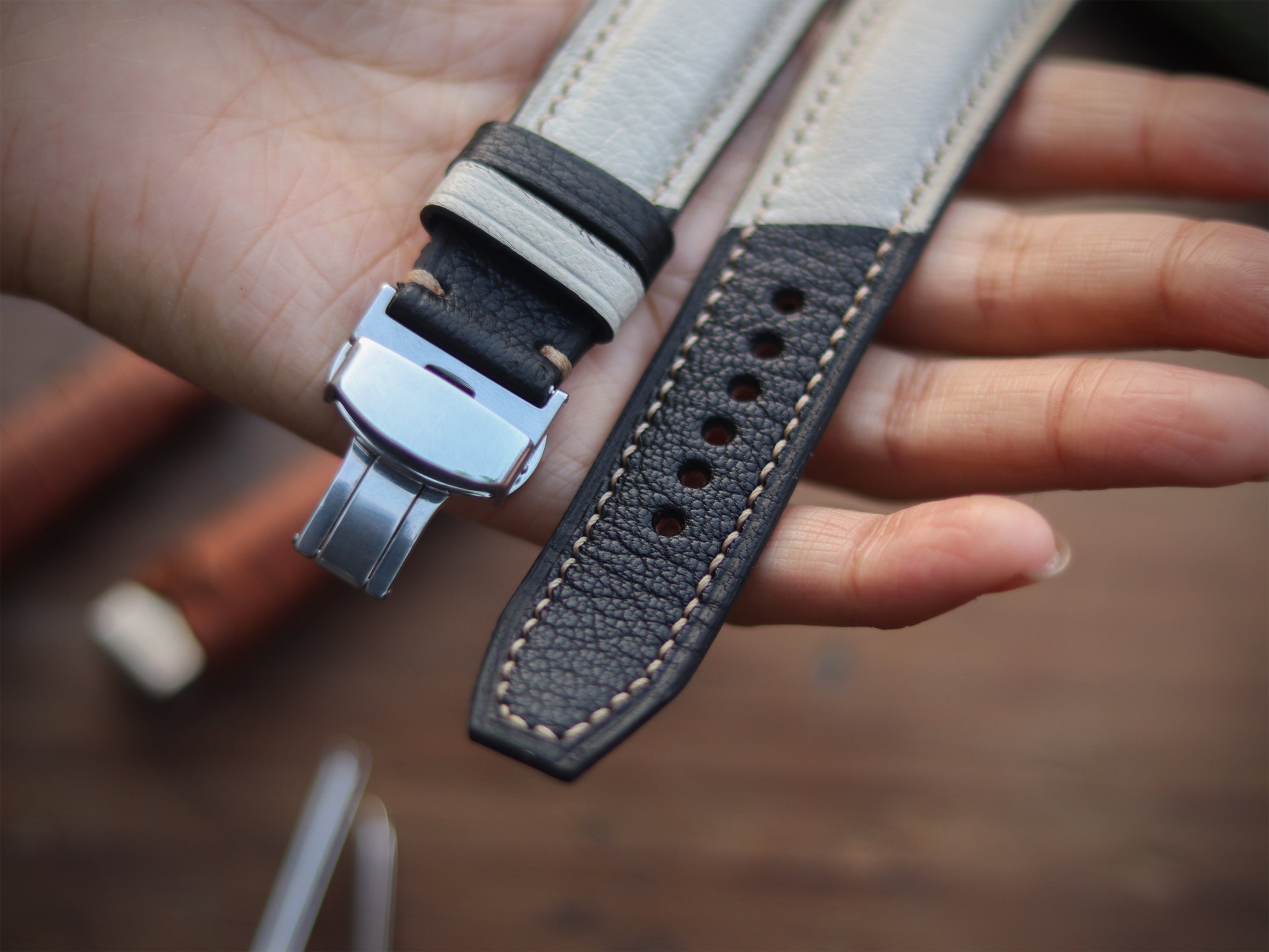 AZURE WHITE & BLACK ITALIAN CHEVRE LEATHER WATCH STRAPS - PADDED