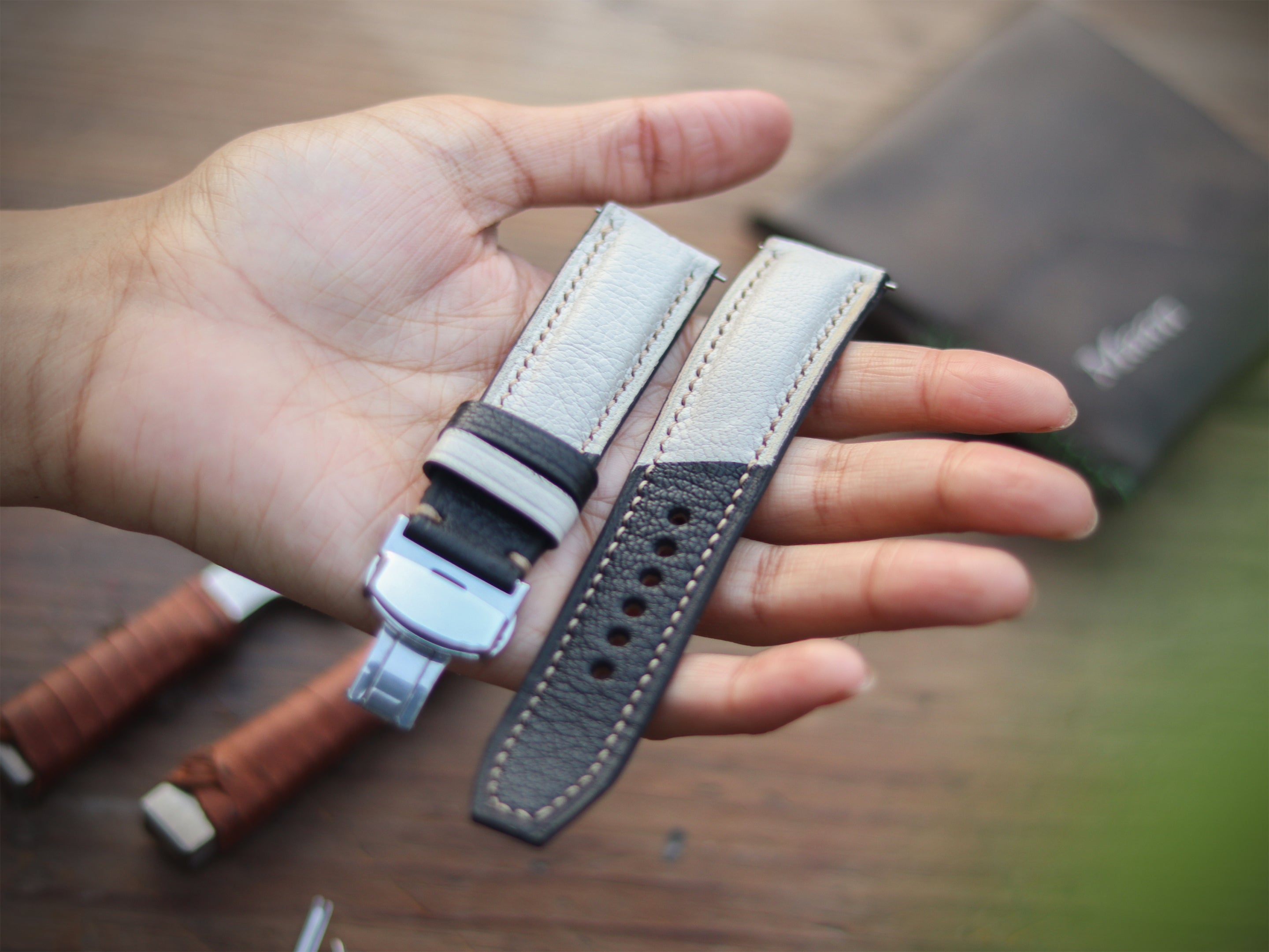 AZURE WHITE & BLACK ITALIAN CHEVRE LEATHER WATCH STRAPS - PADDED