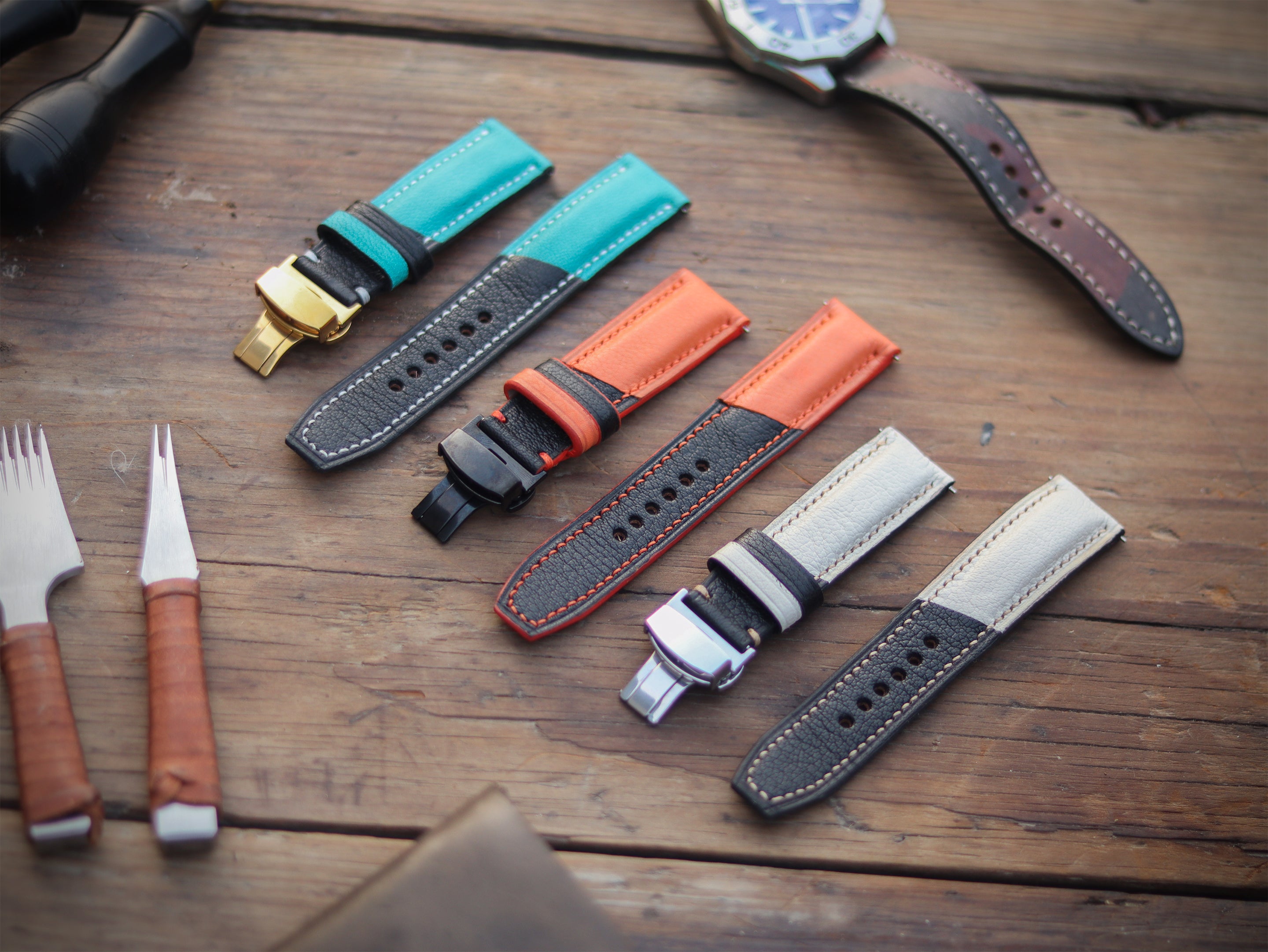AZURE WHITE & BLACK ITALIAN CHEVRE LEATHER WATCH STRAPS - PADDED