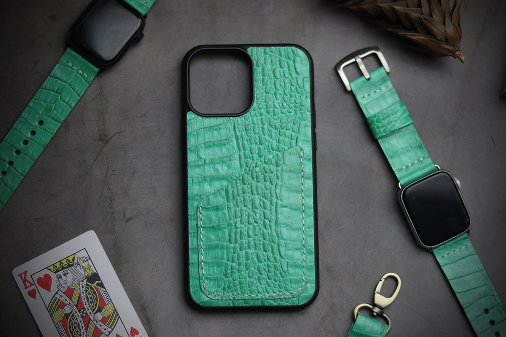 MINT GREEN EMBOSSED LEATHER WALLET PHONE CASE