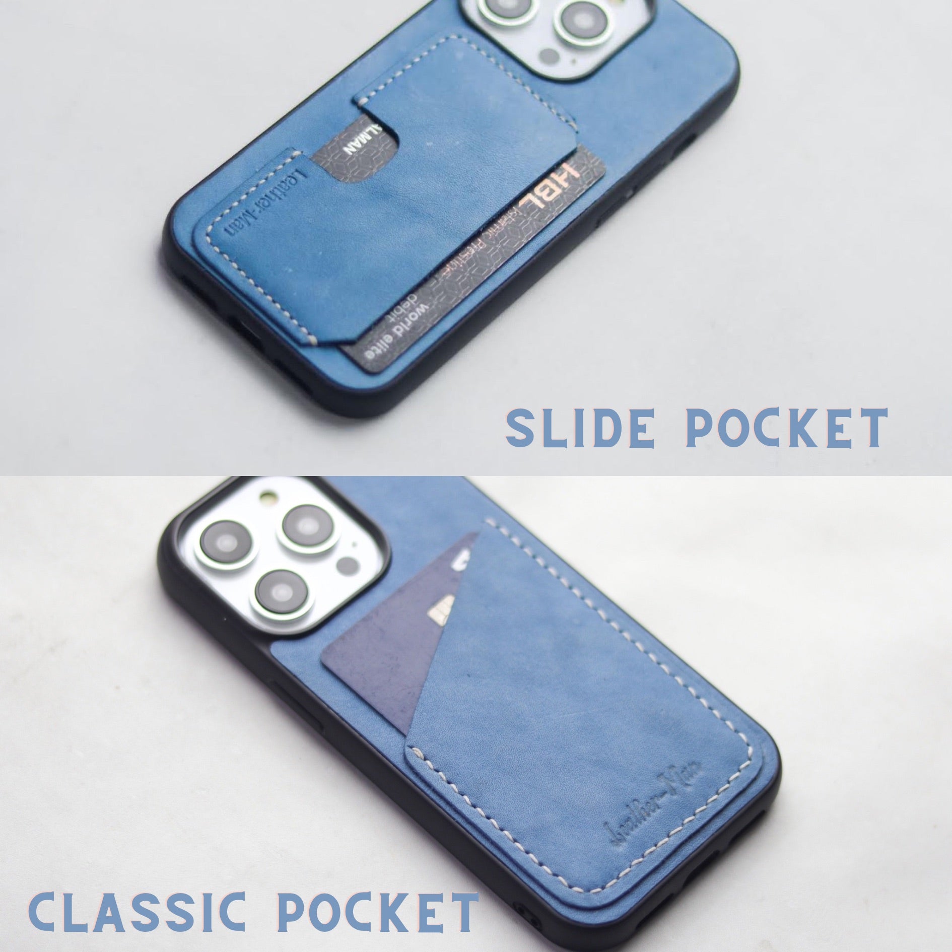 STONE BLUE LEATHER - WALLET PHONE CASE