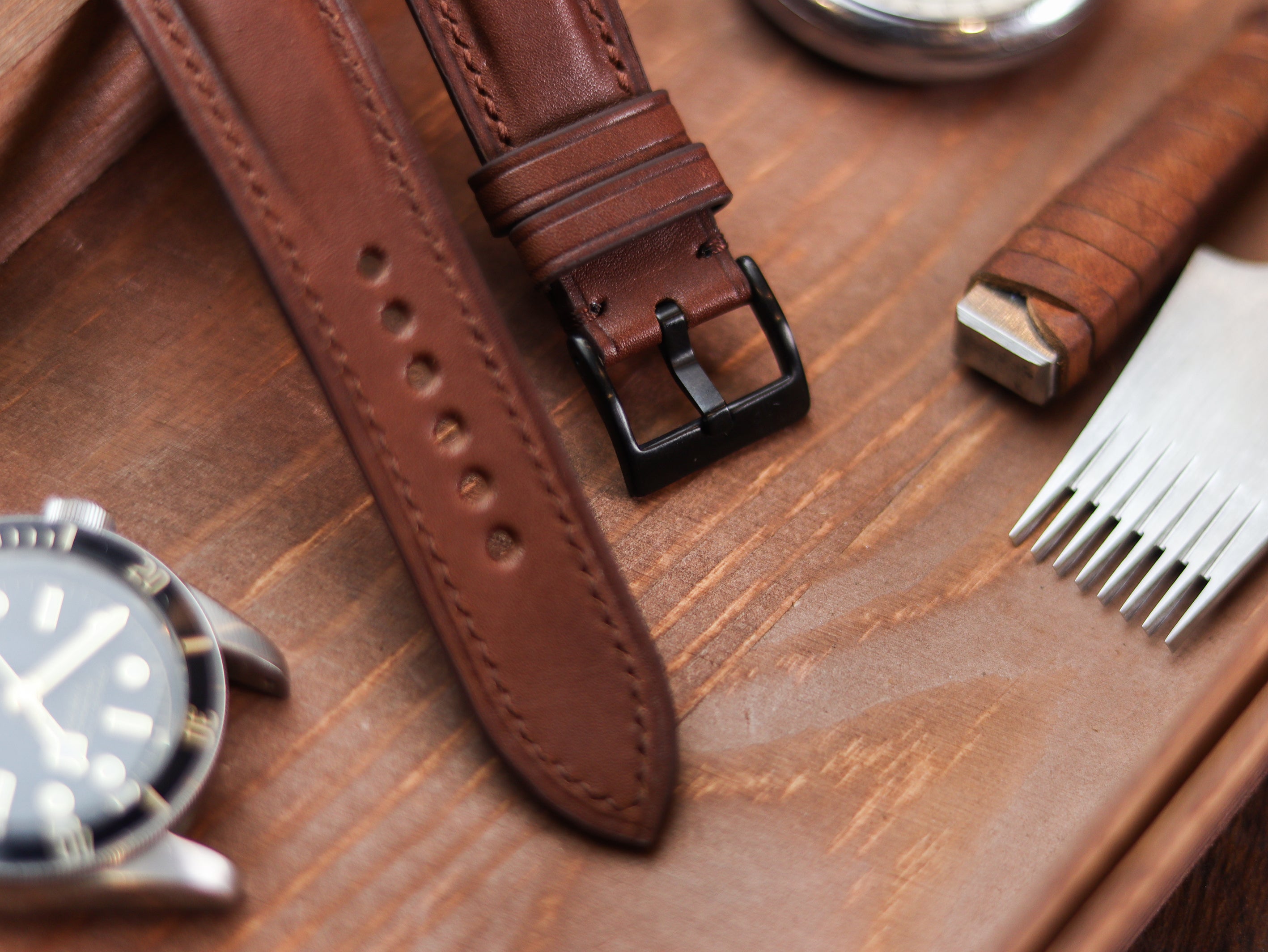 CHESTNUT BROWN CALF LEATHER WATCH STRAPS - PADDED