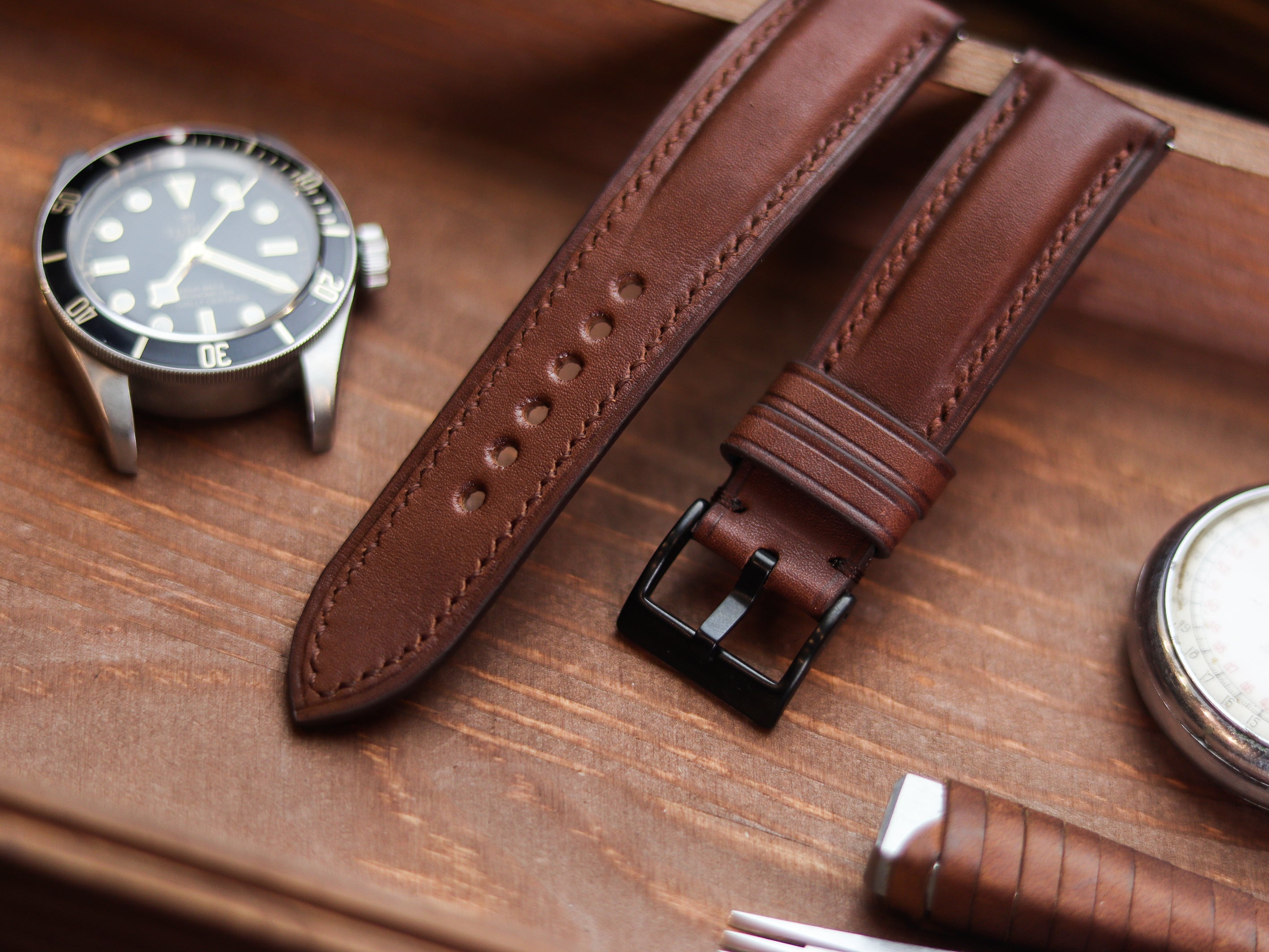 CHESTNUT BROWN CALF LEATHER WATCH STRAPS - PADDED