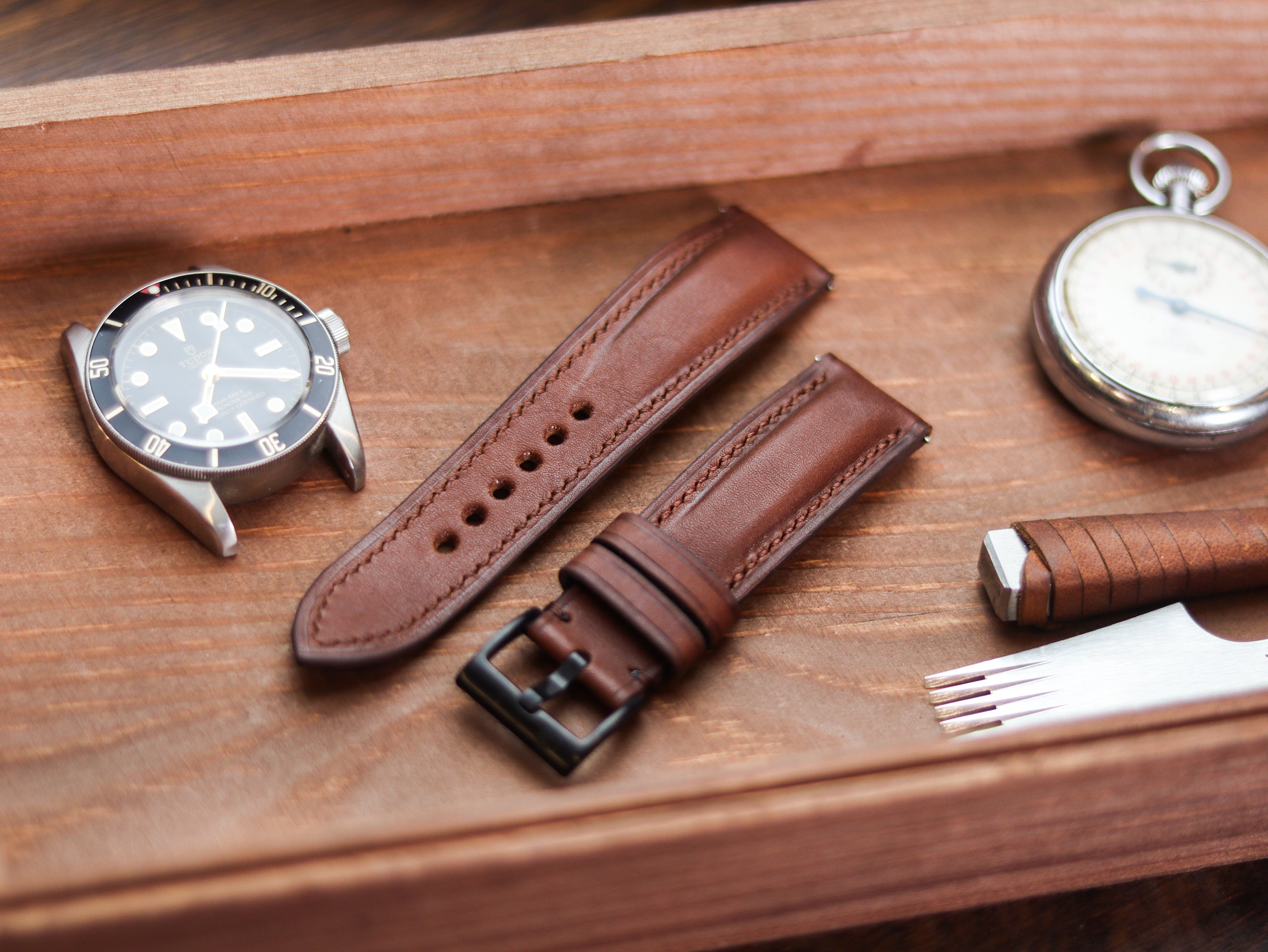CHESTNUT BROWN CALF LEATHER WATCH STRAPS - PADDED