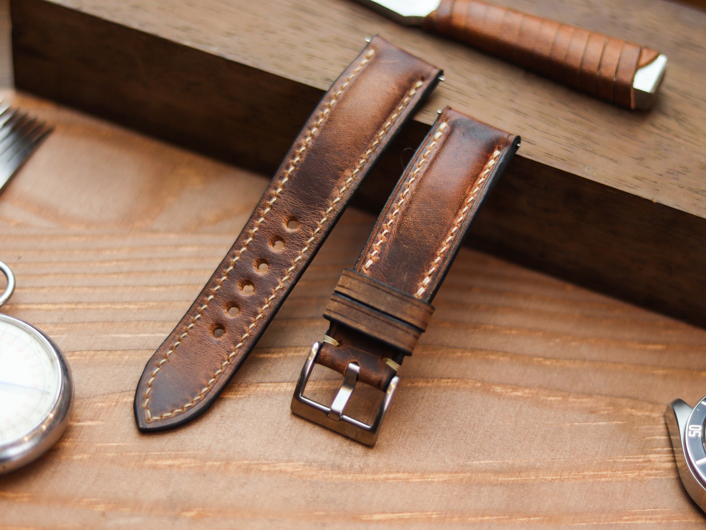 WHISKY BROWN CALF LEATHER WATCH STRAPS - PADDED