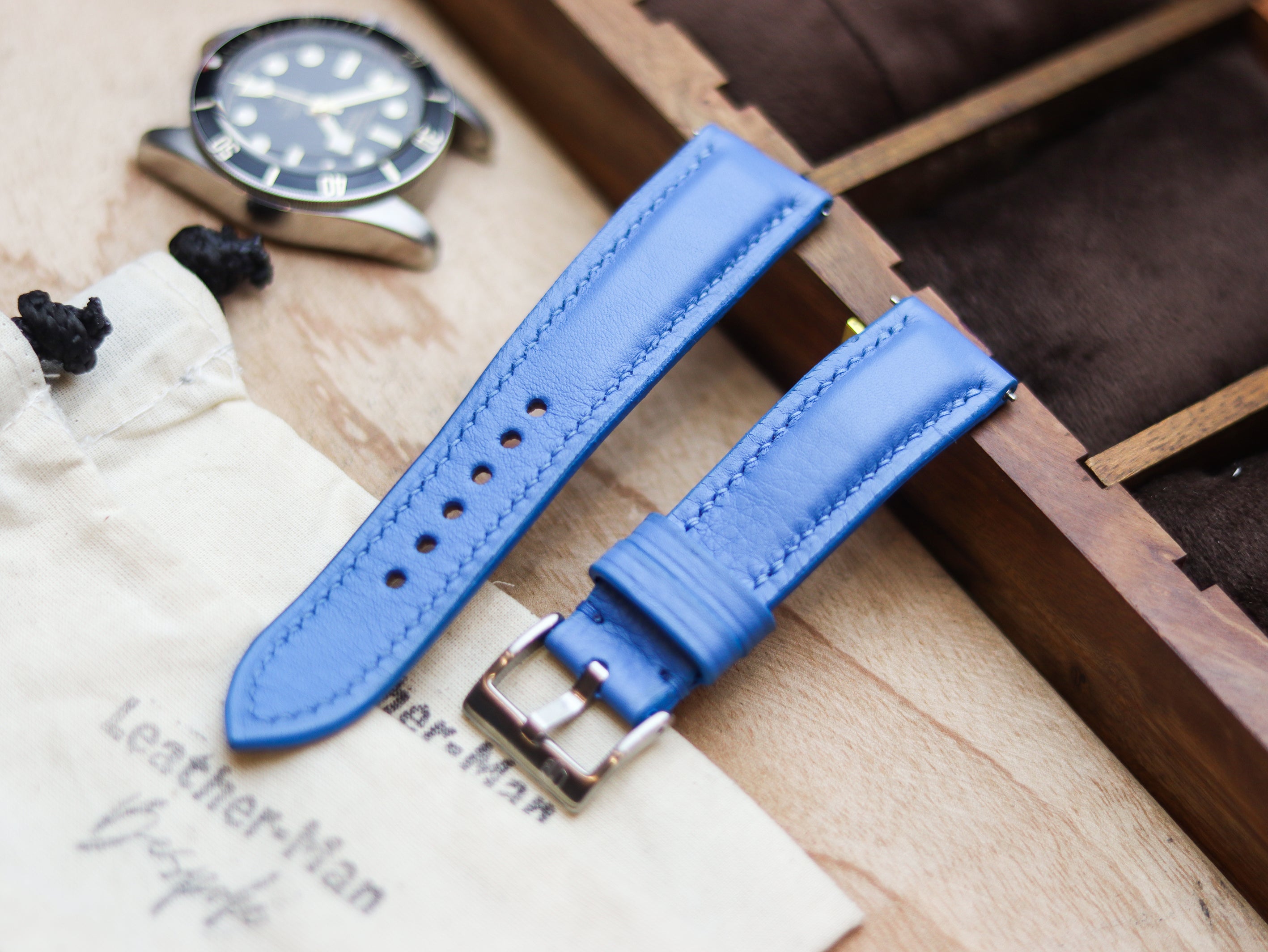 AZURE BLUE CALF LEATHER WATCH STRAPS - PADDED