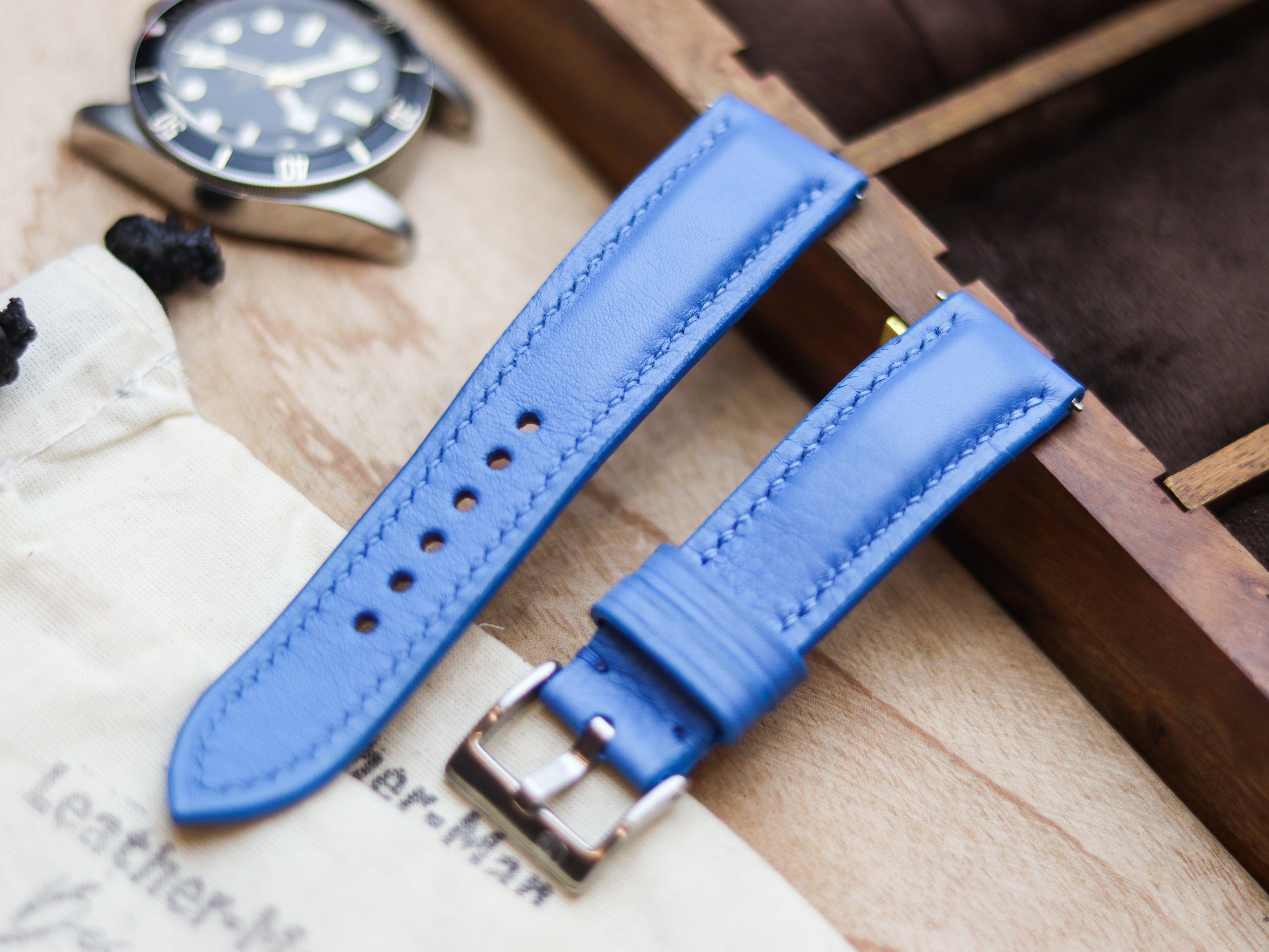AZURE BLUE CALF LEATHER WATCH STRAPS - PADDED