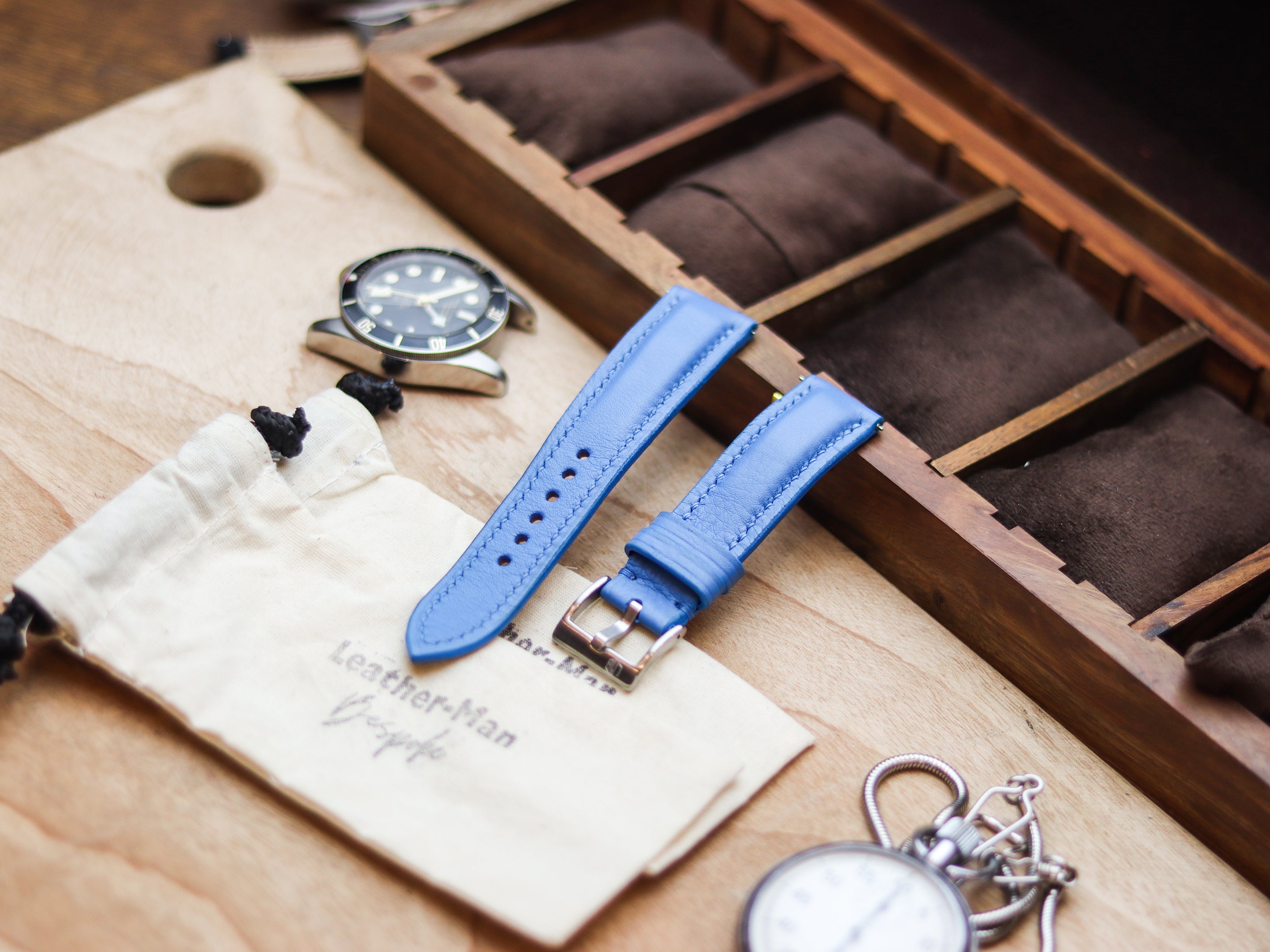 AZURE BLUE CALF LEATHER WATCH STRAPS - PADDED