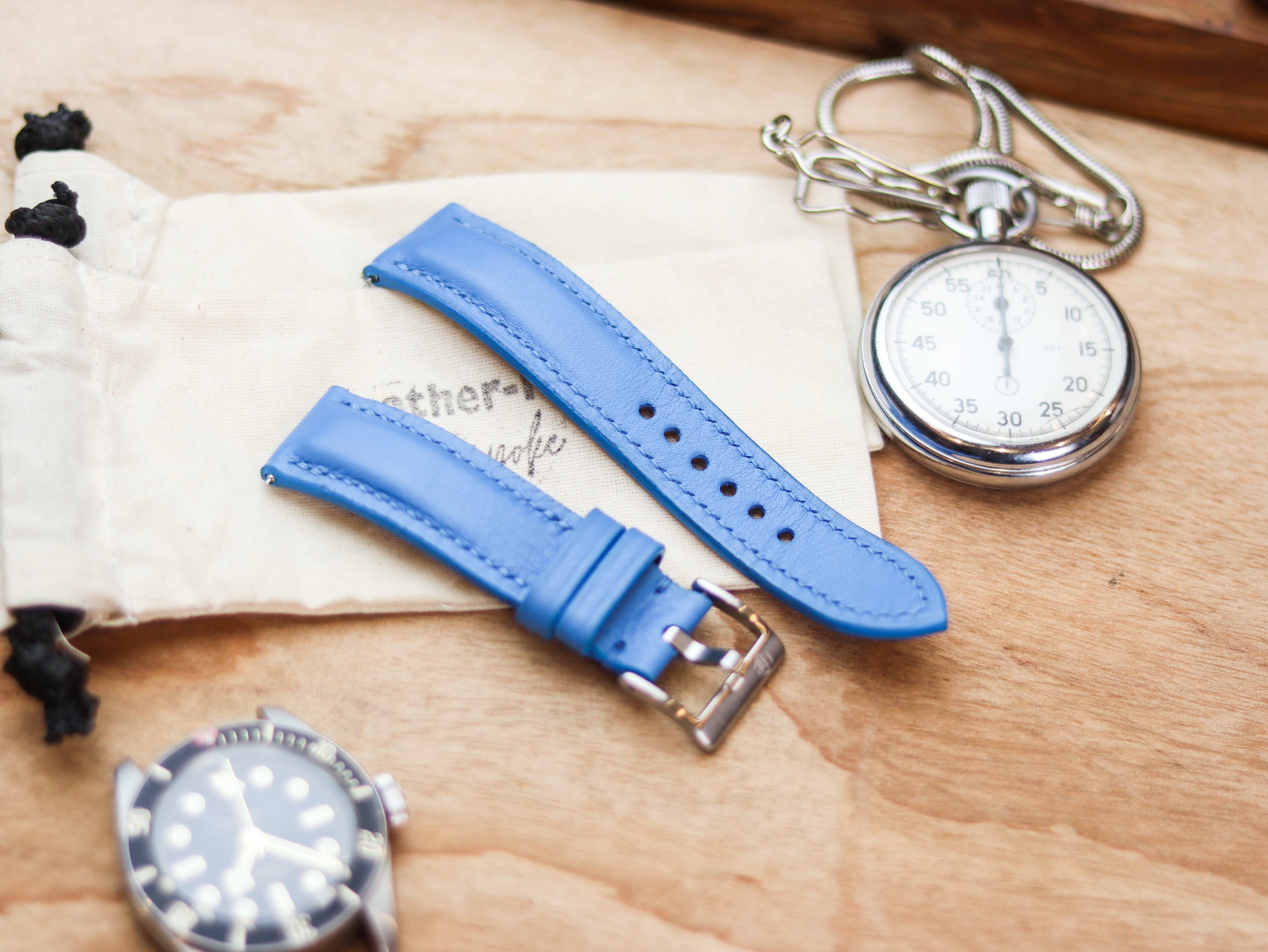 AZURE BLUE CALF LEATHER WATCH STRAPS - PADDED