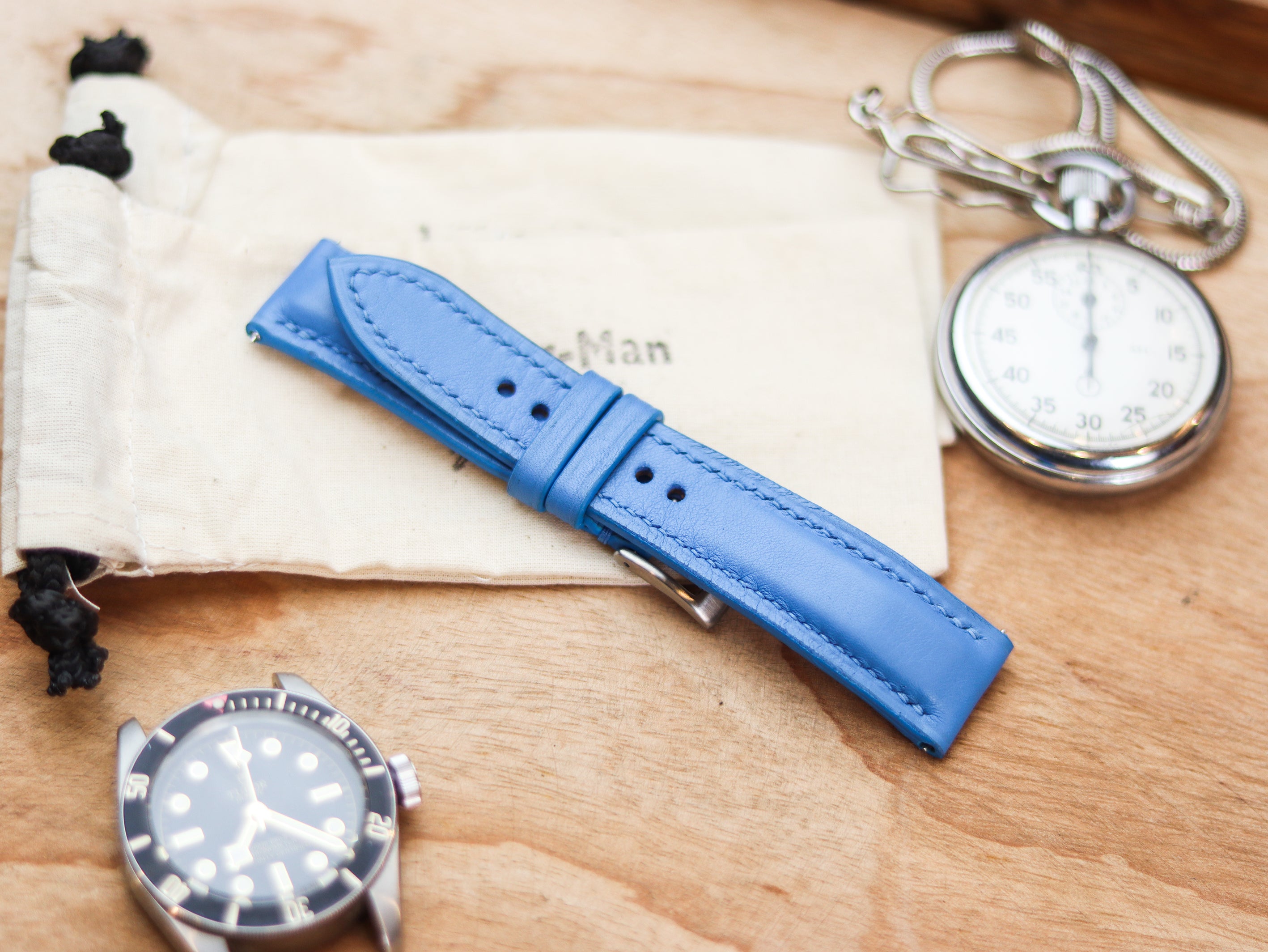 AZURE BLUE CALF LEATHER WATCH STRAPS - PADDED