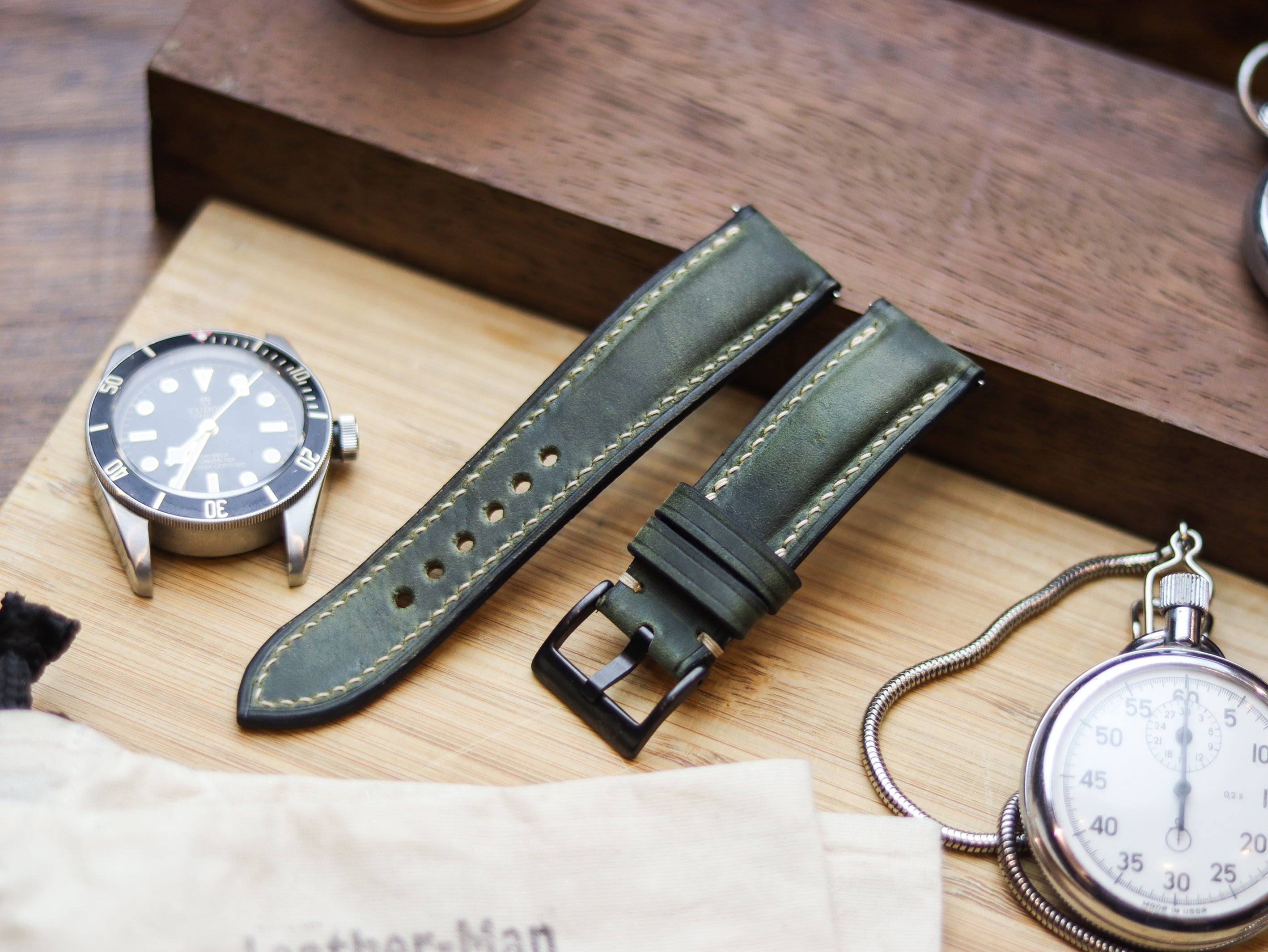 BASIL GREEN CALF LEATHER WATCH STRAPS - PADDED