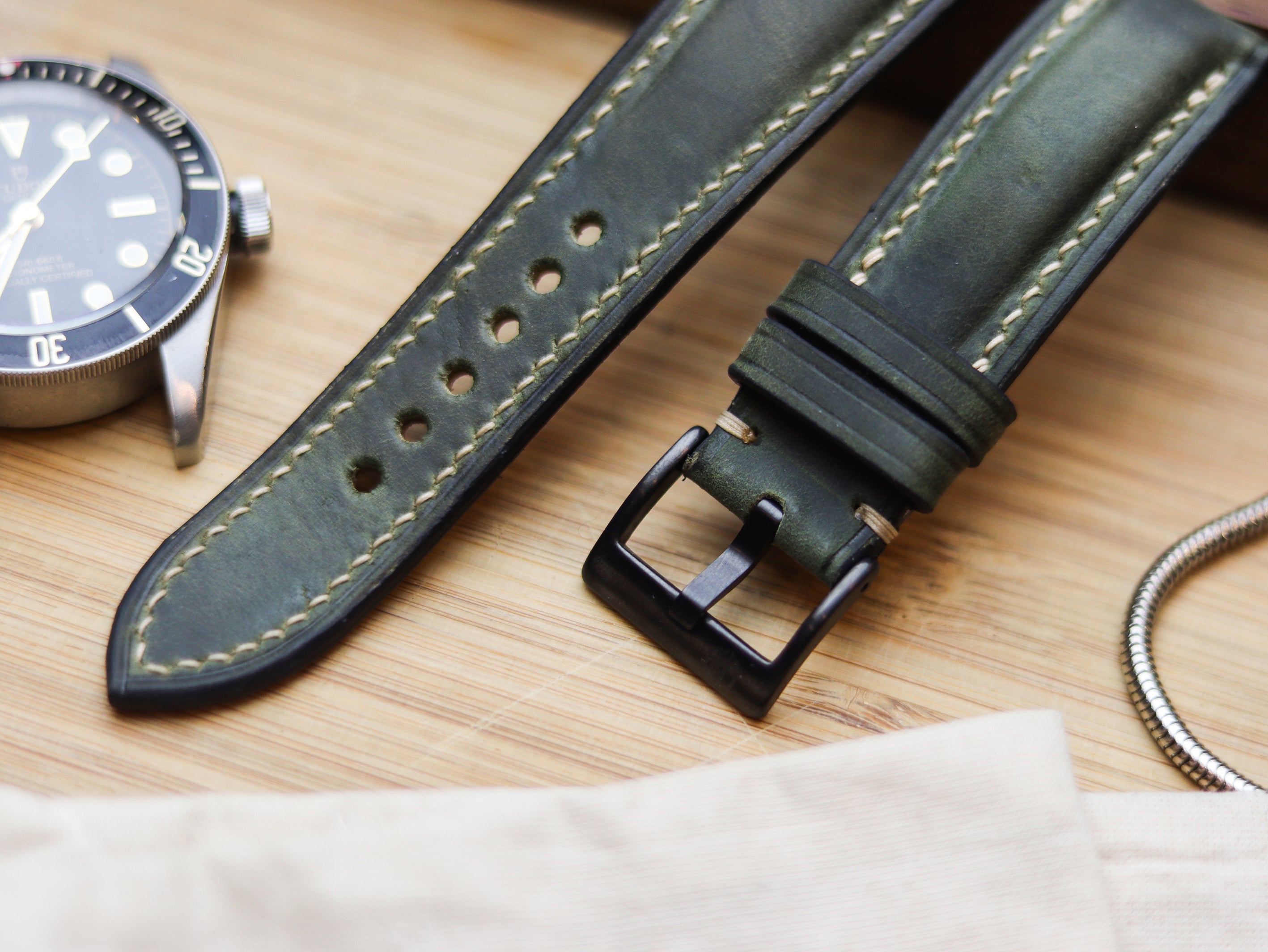 BASIL GREEN CALF LEATHER WATCH STRAPS - PADDED