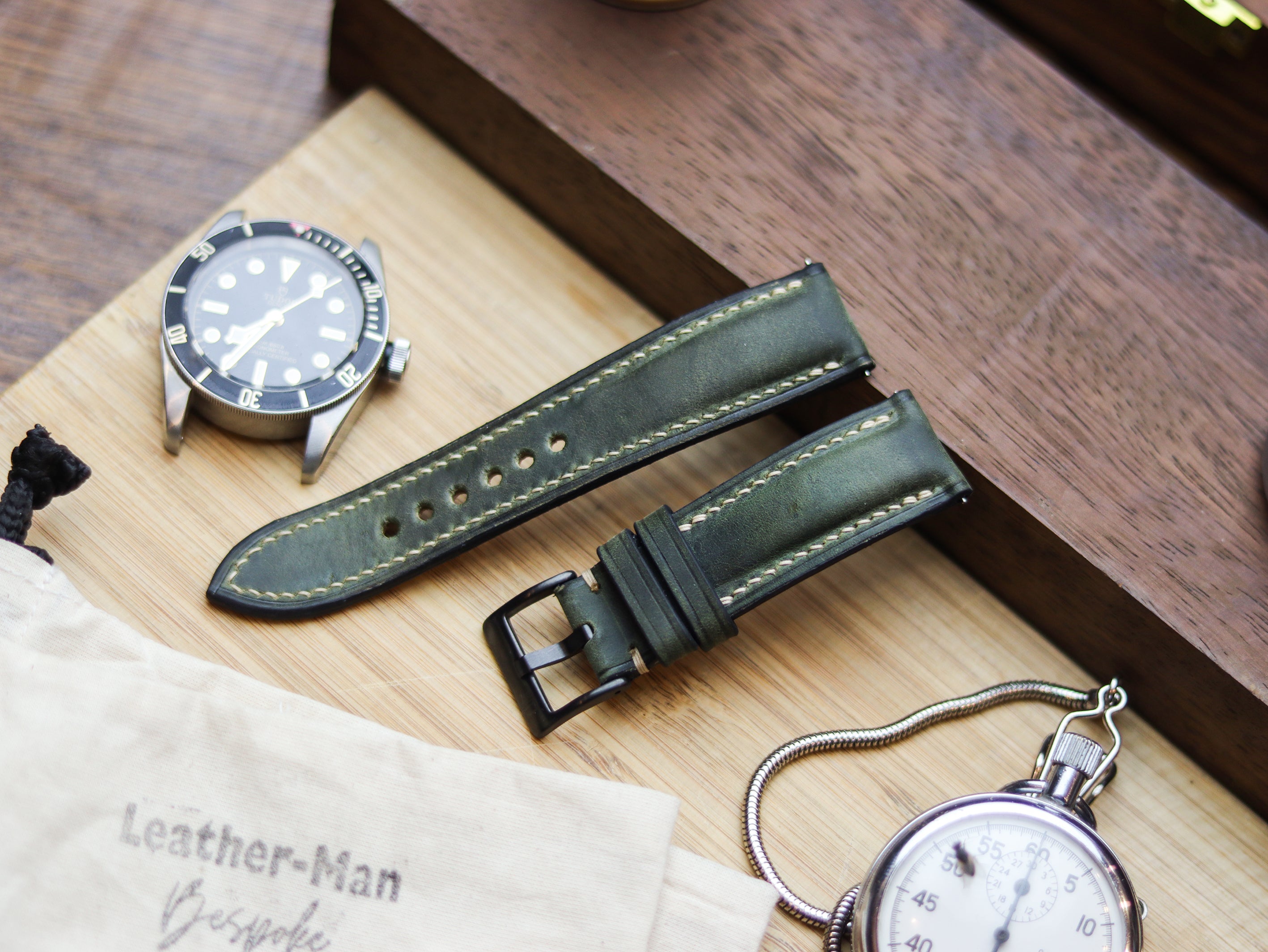 BASIL GREEN CALF LEATHER WATCH STRAPS - PADDED