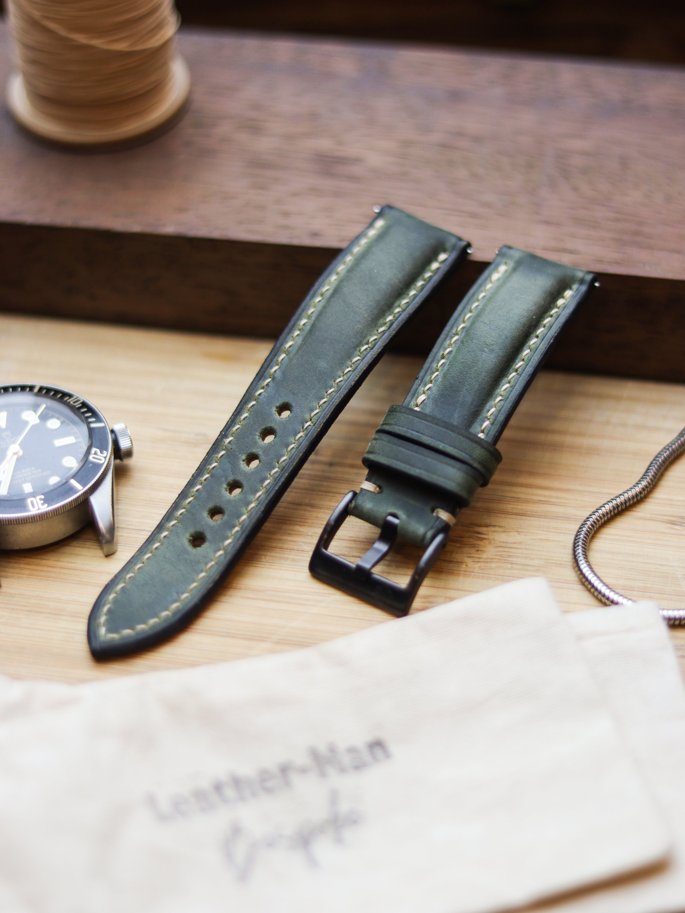 BASIL GREEN CALF LEATHER WATCH STRAPS - PADDED