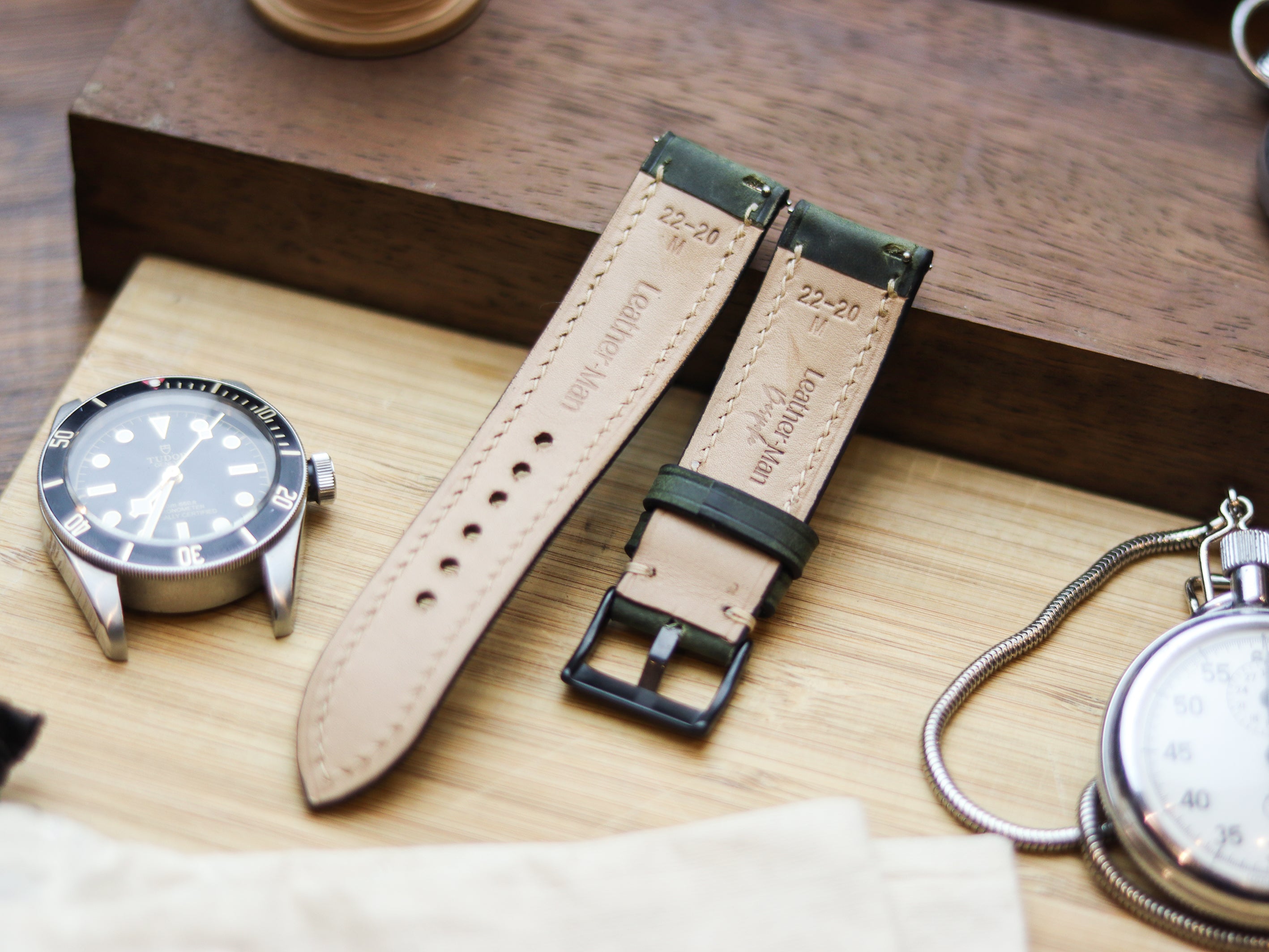 BASIL GREEN CALF LEATHER WATCH STRAPS - PADDED