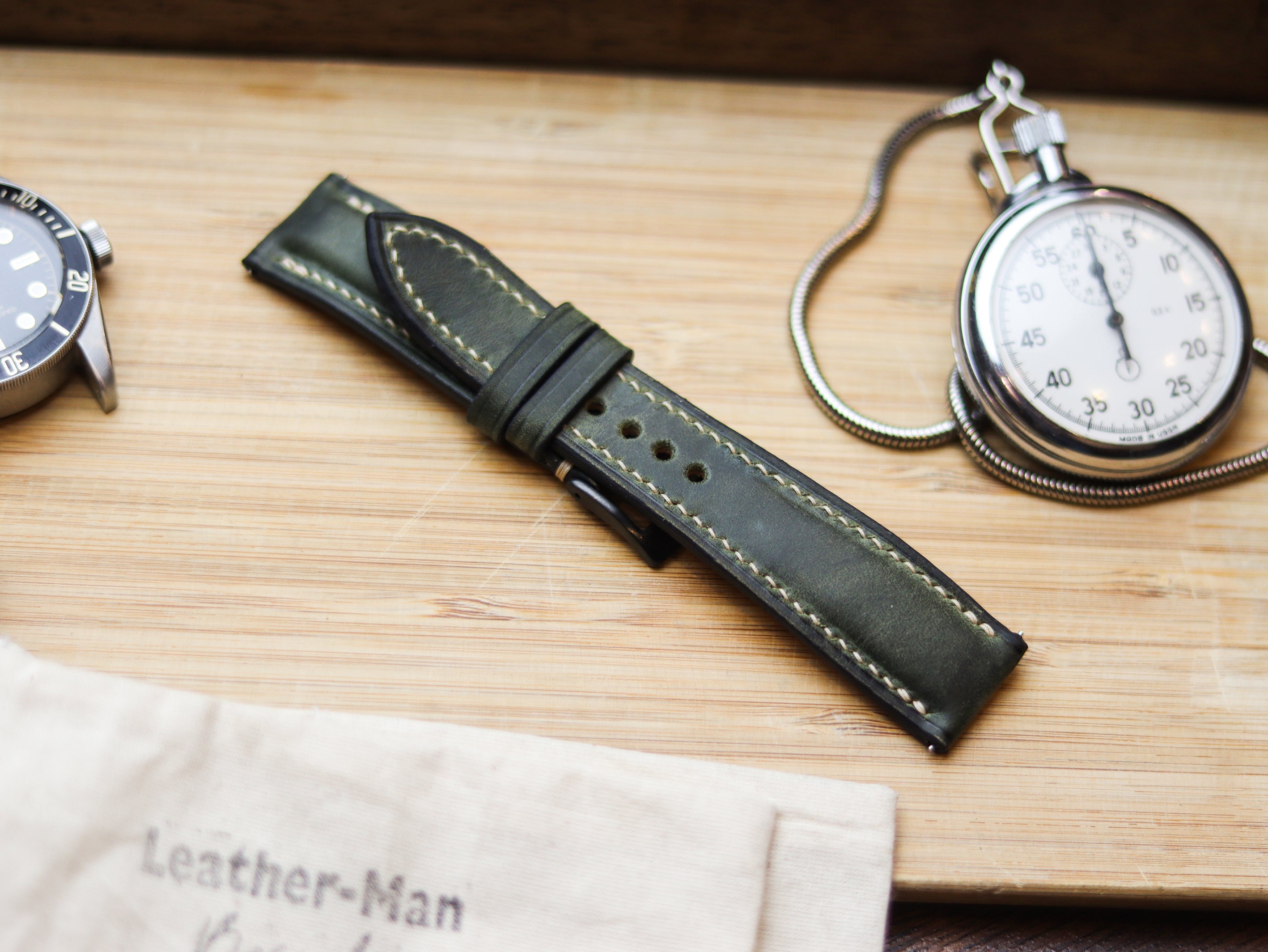 BASIL GREEN CALF LEATHER WATCH STRAPS - PADDED