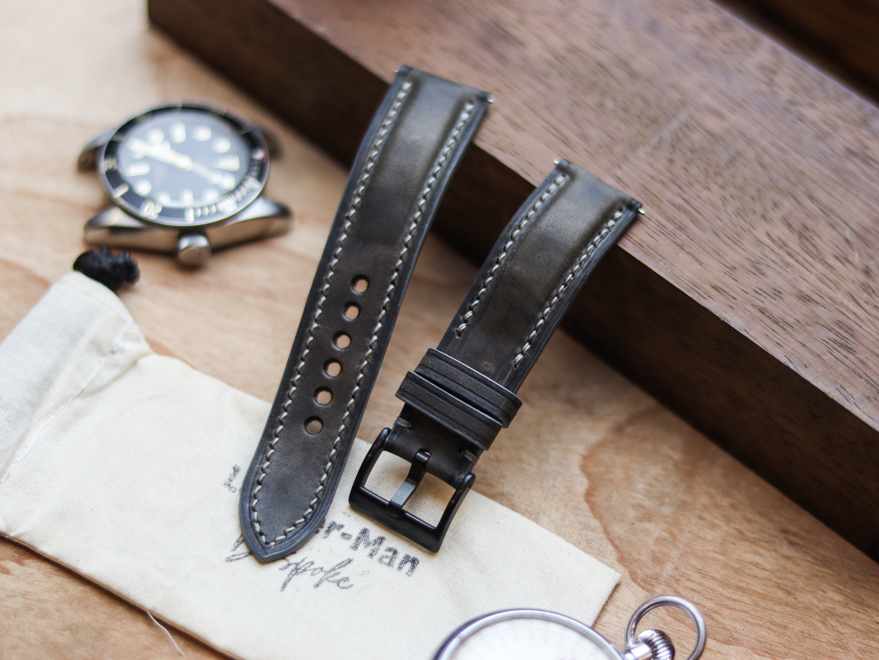MIDNIGHT GRAY CALF LEATHER WATCH STRAPS - PADDED
