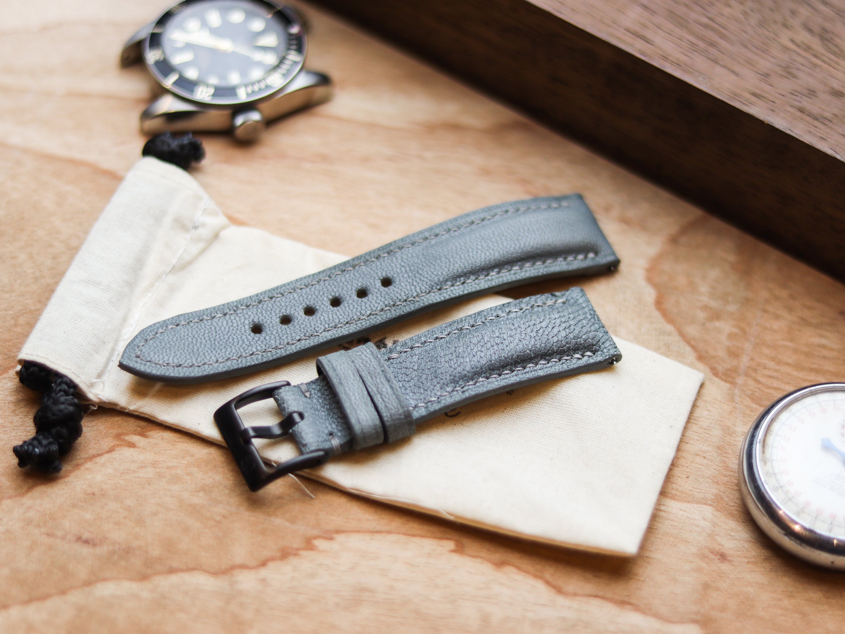 CHROME GRAY CALF LEATHER WATCH STRAPS - PADDED