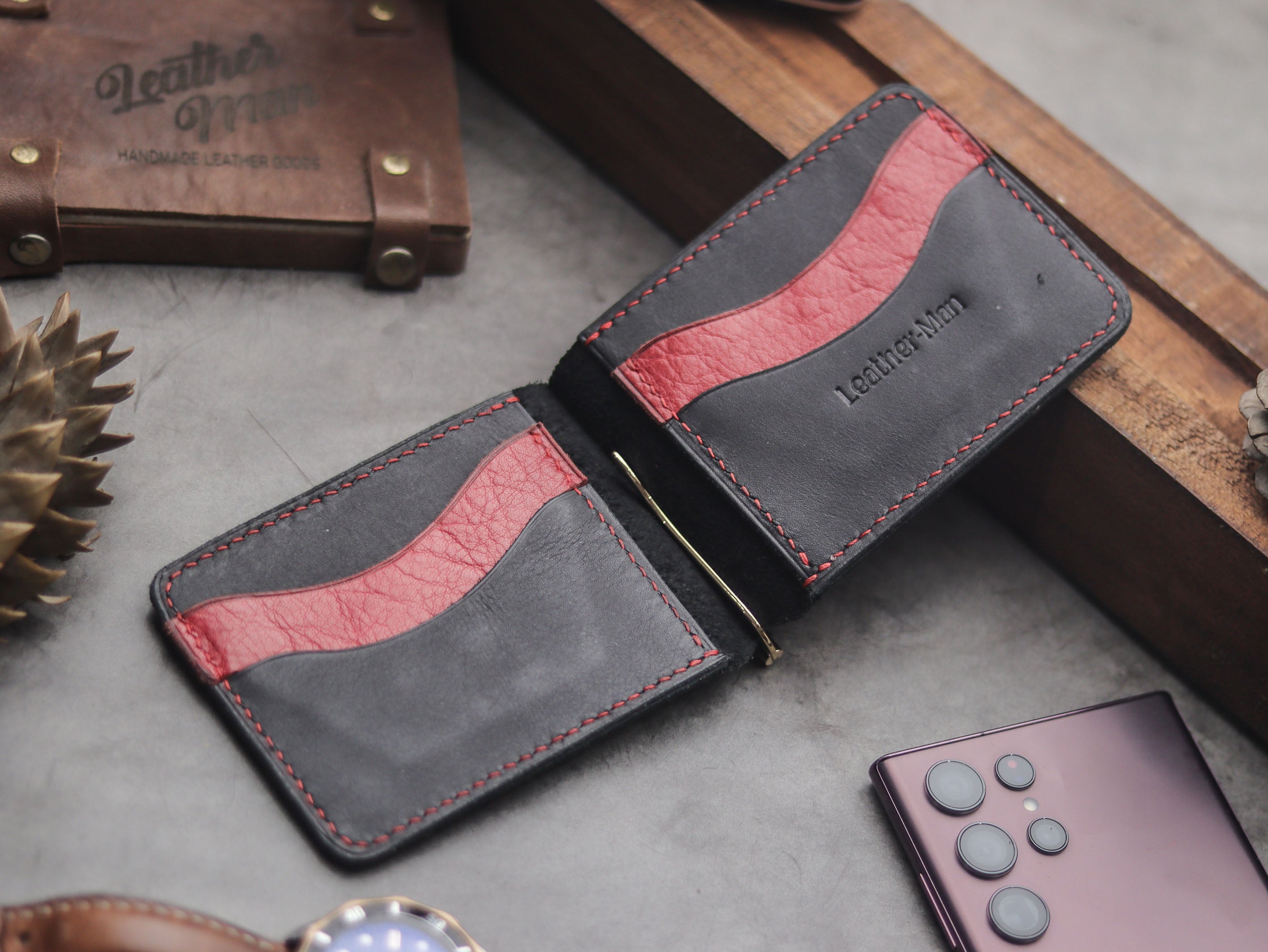 HASPER - CLIPPER WALLET PHANTOM BLACK & RED LEATHER