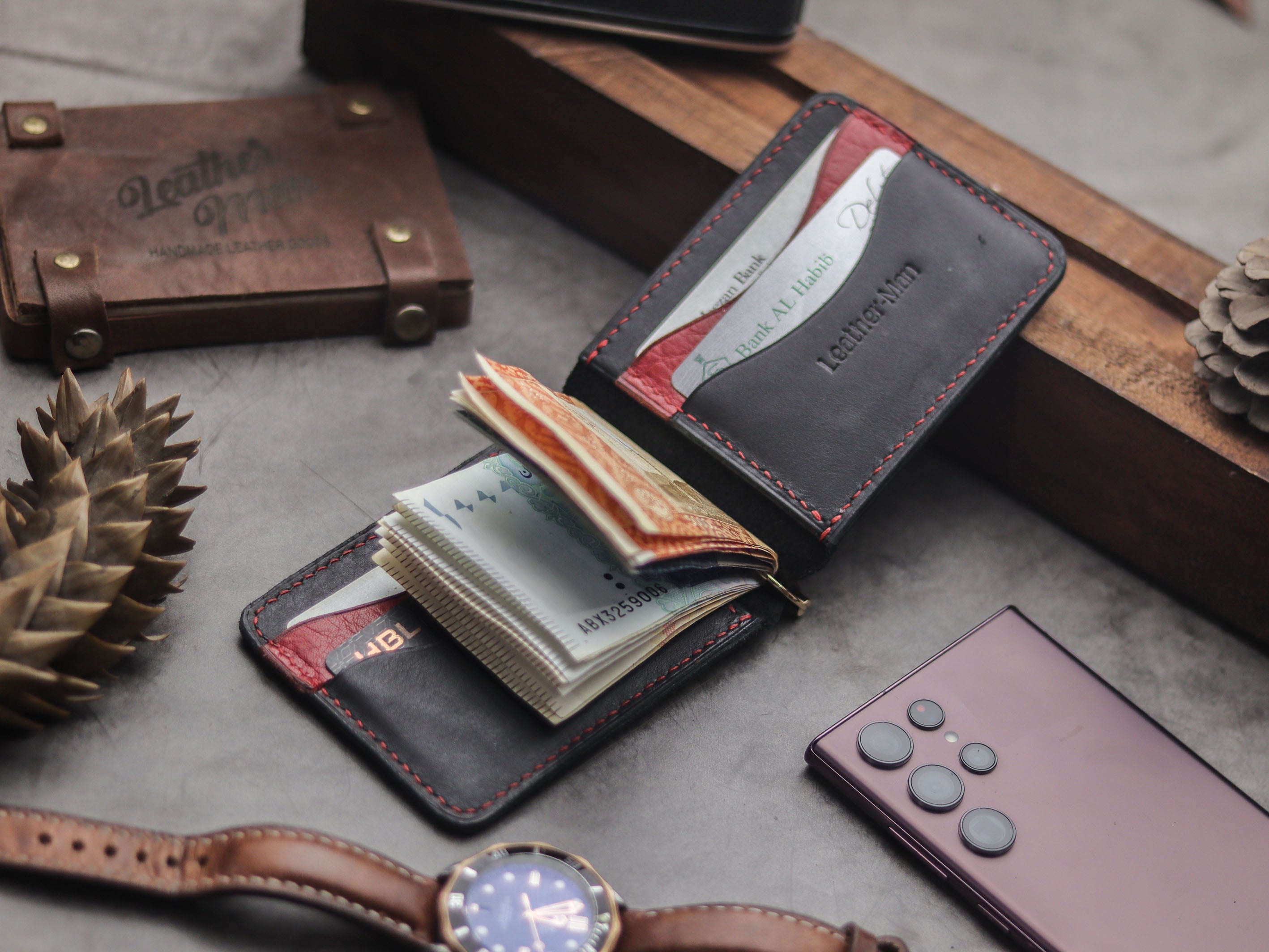 HASPER - CLIPPER WALLET PHANTOM BLACK & RED LEATHER