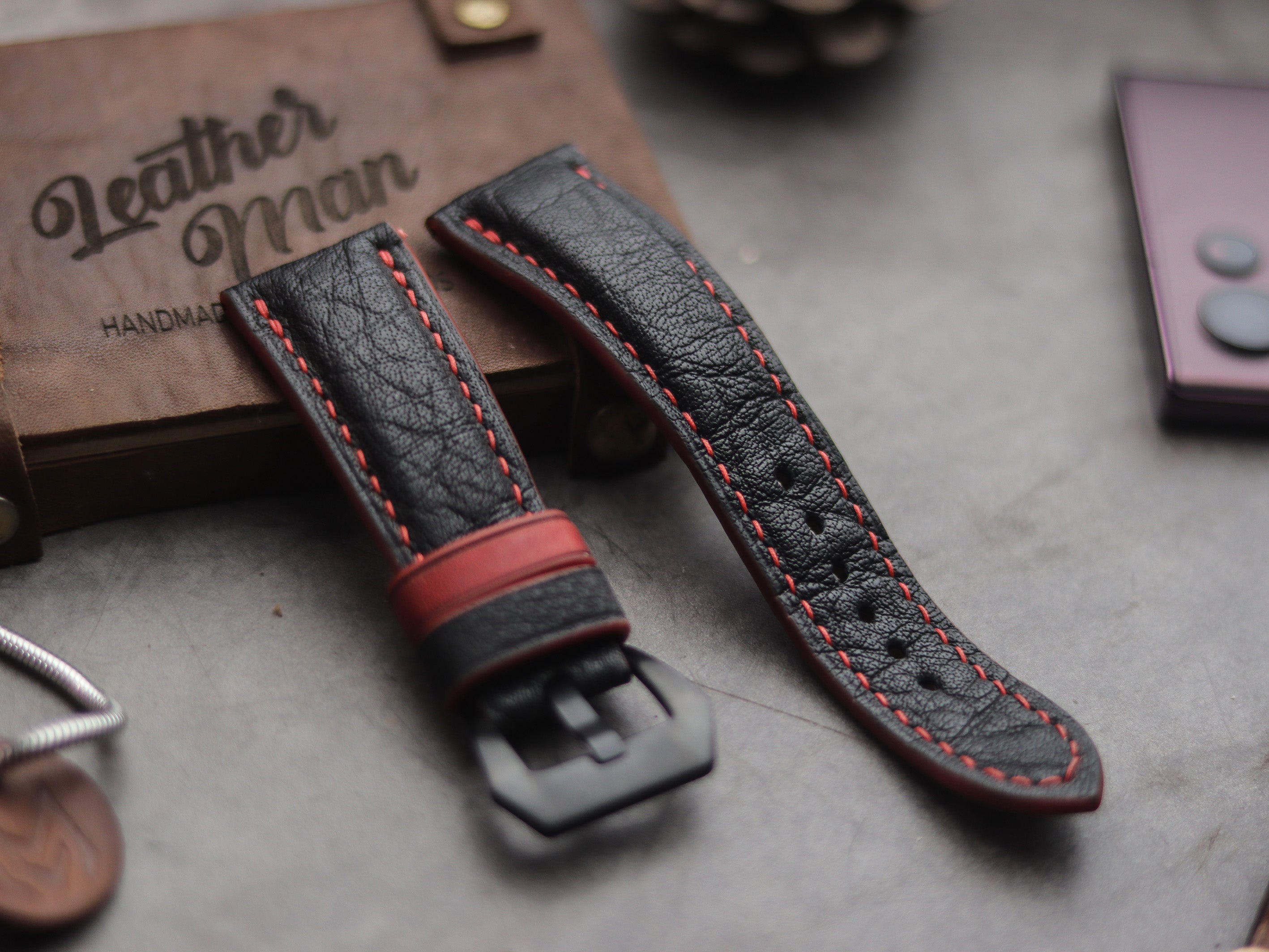 ITALIAN CHEVRE BLACK LEATHER ( RED ACCENT) - PADDED