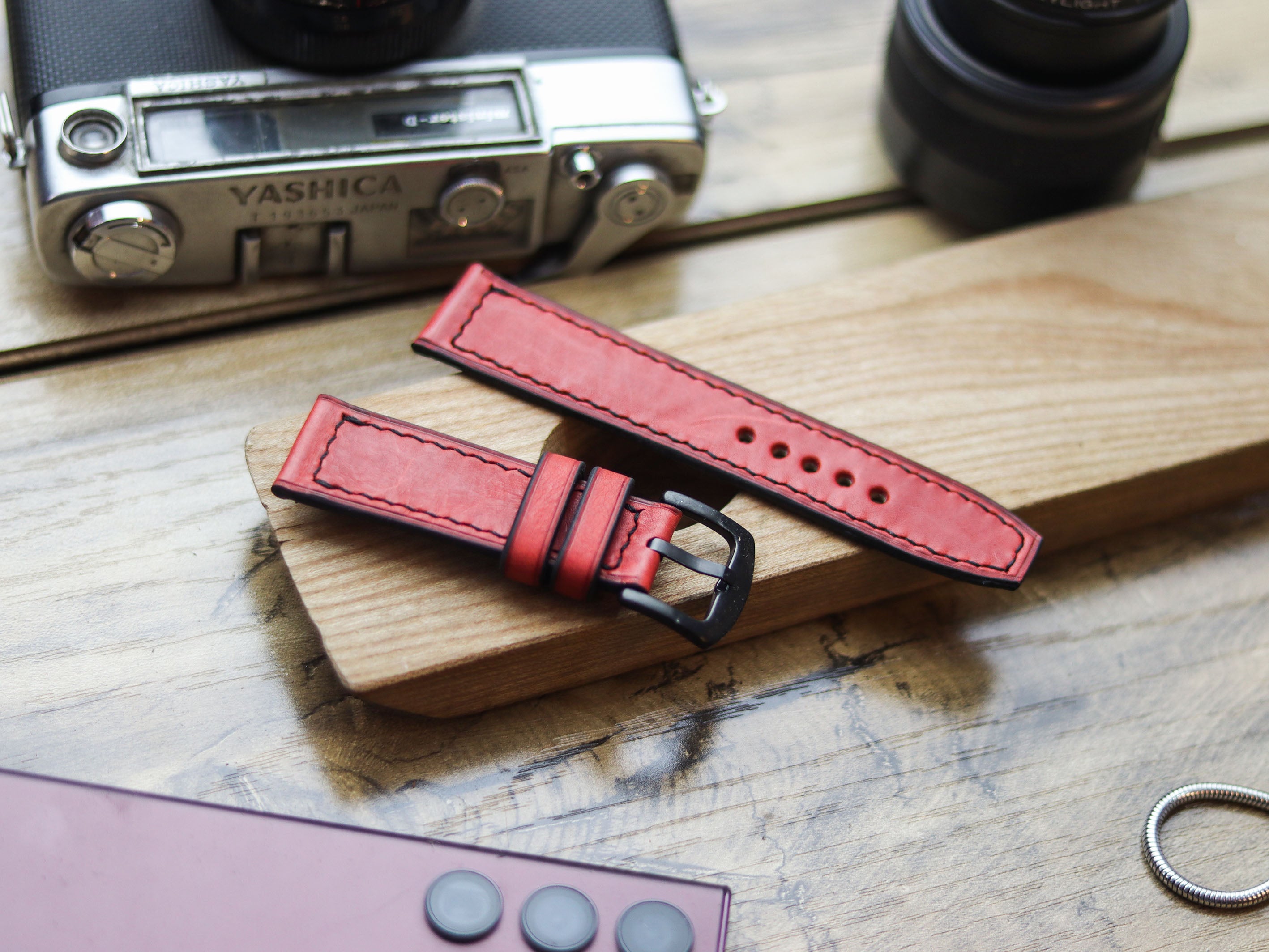 PRISMATIC RED HAND-CRAFTED WATCH STRAPS - BOX STITCHED